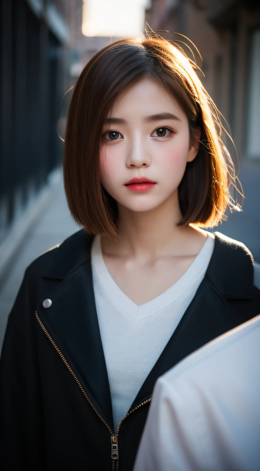 ​masterpiece, top-quality, Raw foto, Photorealsitic、full body Esbian、 beautiful a girl, cute little, shorth hair, depth of fields, hight resolution, ultra-detailliert, finely detail, ighly detailed, extremely detailed eye and face, Sharp pupils, Realistic pupils, foco nítido, Cinematic lighting、small tits、In the street、Casual wear