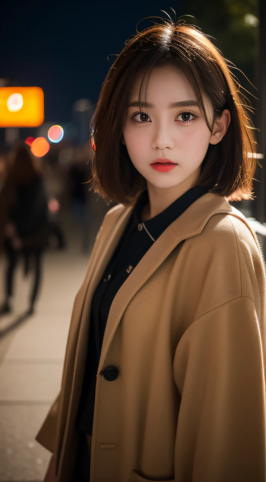 ​masterpiece, top-quality, Raw foto, Photorealsitic、full body Esbian、 beautiful a girl, cute little, shorth hair, depth of fields, hight resolution, ultra-detailliert, finely detail, ighly detailed, extremely detailed eye and face, Sharp pupils, Realistic pupils, foco nítido, Cinematic lighting、small tits、In the street、Casual wear