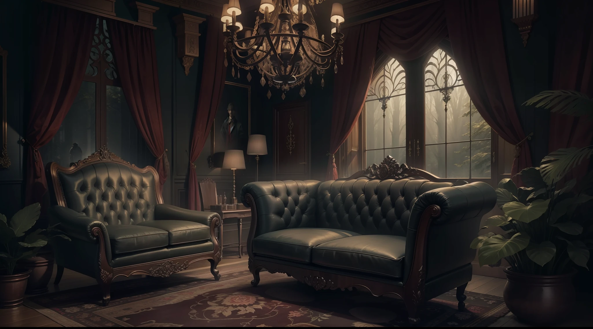 Western-style living room in the depths of a dark and mysterious forest、Old sofa、Old-fashioned luxury interior、Magical、, interior architecture, Gothic art, Verism, first-person view, from outside, Canon, super detail, high quality, highres, 8k, best quality