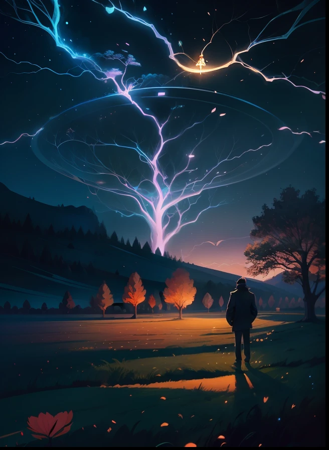 painting of a man standing under a tree in a field at night, jen bartel, Beautiful art UHD 4 K, Inspired by Christopher Balaskas, 8K stunning artwork, calm evening. Digital illustration, 4 k hd illustrative wallpaper, Concept art wallpaper 4K, background artwork, 4K detailed digital art, 4k highly detailed digital art