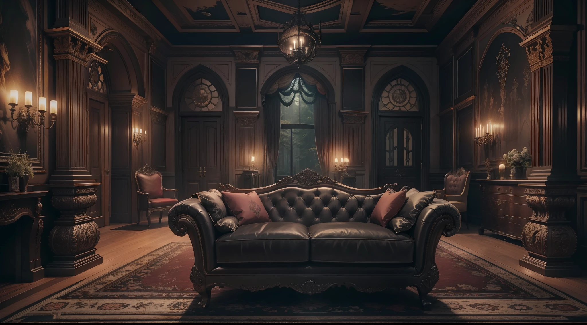 Western-style living room in the depths of a dark and mysterious forest、Old sofa、Old-fashioned luxury interior、Magical、, interior architecture, Gothic art, Verism, first-person view, from outside, Canon, super detail, high quality, highres, 8k, best quality