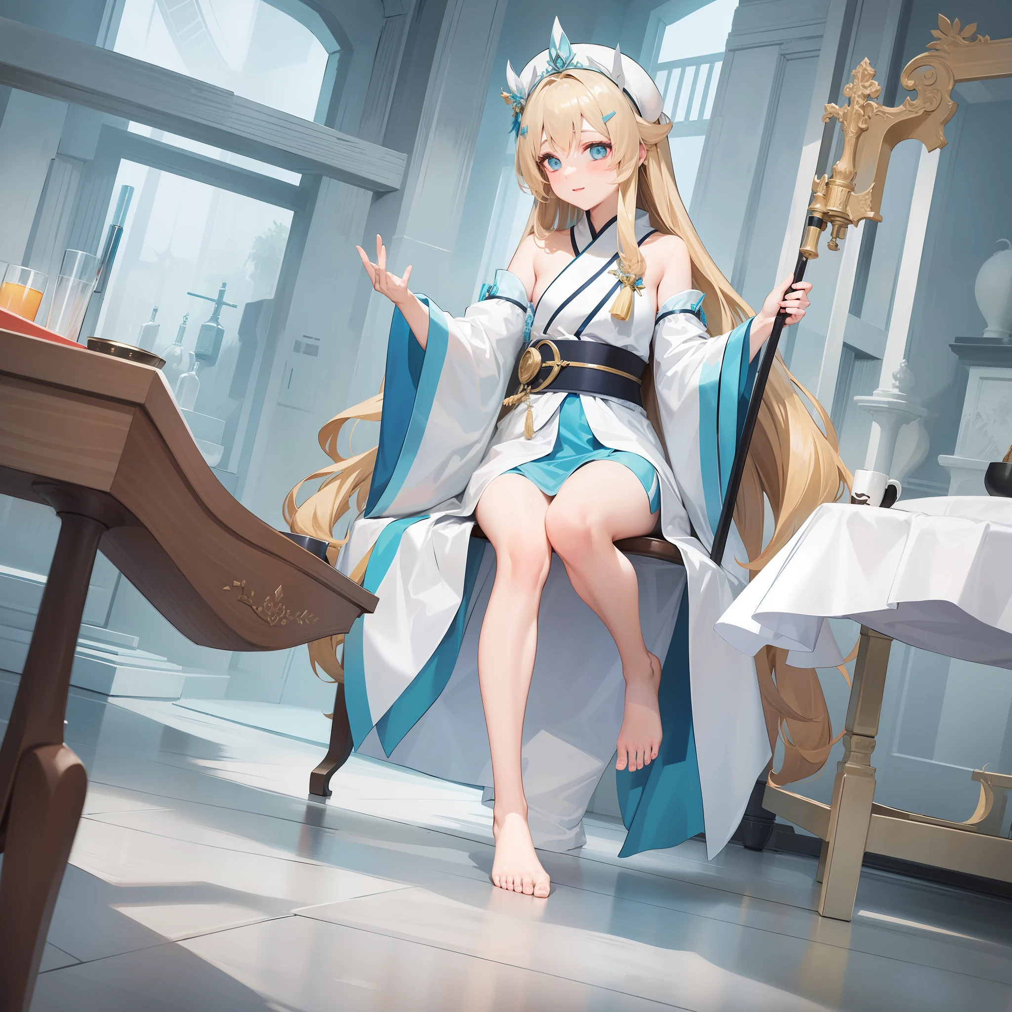 Dressed in a white robe。Wears a silver crown on his head,Long curly blonde hair,Turquoise eyes,The barefoot