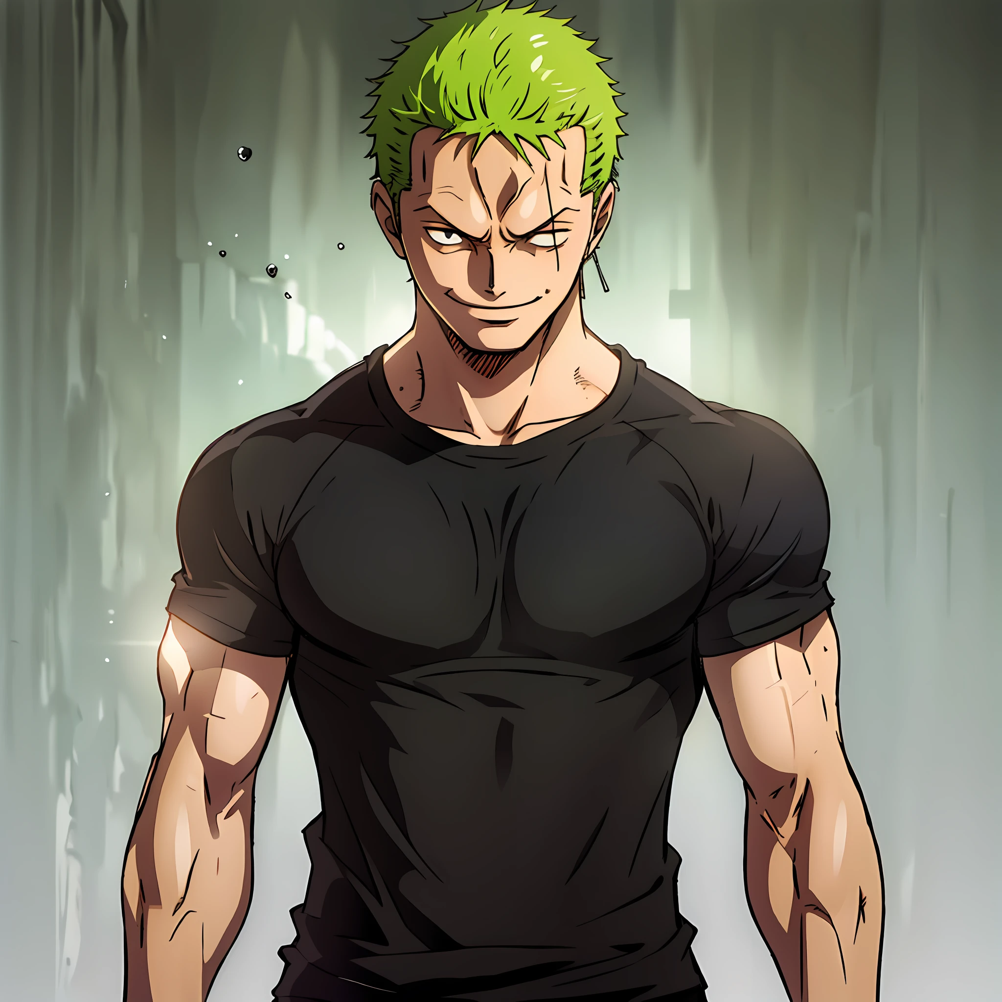 "Zoro:1.2, sporting a stylish black plain t-shirt:1.1, exuding a cool demeanor, direct gaze towards the camera, captured in a half-body shot with a slight smile."