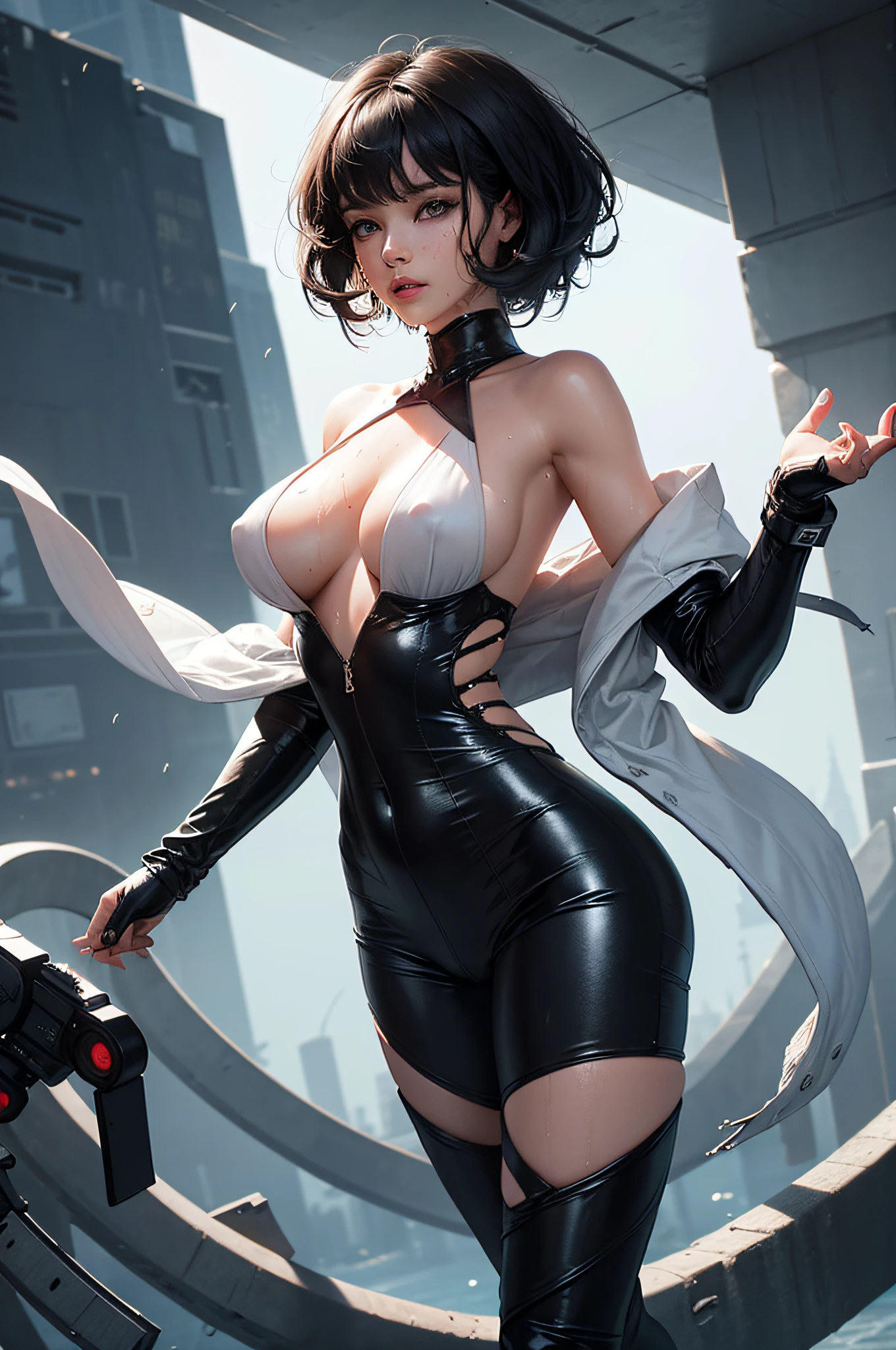 (Very cute woman gets futuristic cyberpunk hotel bodysuit completely torn sexy、Perfect body-wide coverage))。Afrocurly Black Medium Length Hair、40k、a picture、masterpiece、top-quality、Dark gray background、((1girl Glen's eyes and gorgeous light black hair、Beautiful perfect face、juicy lips、de pele branca))。Soft breasts and white skin with big buttocks、Bimbo lips、Beautiful Caucasian woman in T pose。long legged((perfect chest:1.4))、((Very soft breasts))、hyperdetailed face、A detailed eye。In the spacecraft of the future。(((she is soaking wet)))、Her clothes were almost torn and torn.、Damaged、Skin exposed、White substance and water are running down her body areola sticking out、Metamorphosis、Sexy Pornstar Pose、Body with entangled tentacles