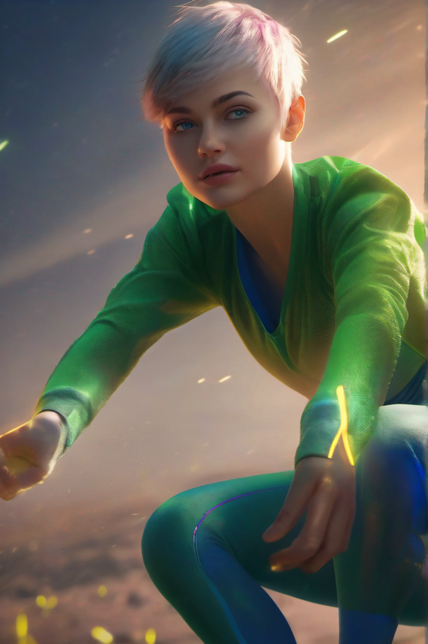a beautiful girl is playing long jump, green short hair, blue eyes,Conceptual art, best photo shot, glowing light, realistic, UHD, textured skin, masterpiece, anatomically correct, best quality, 8k, full body