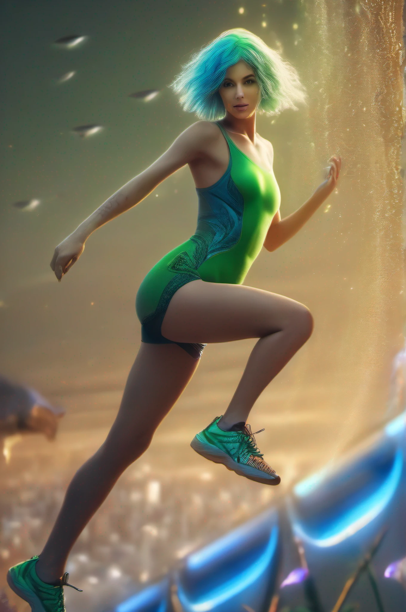 a beautiful girl is playing long jump, green short hair, blue eyes,Conceptual art, best photo shot, glowing light, realistic, UHD, textured skin, masterpiece, anatomically correct, best quality, 8k, full body