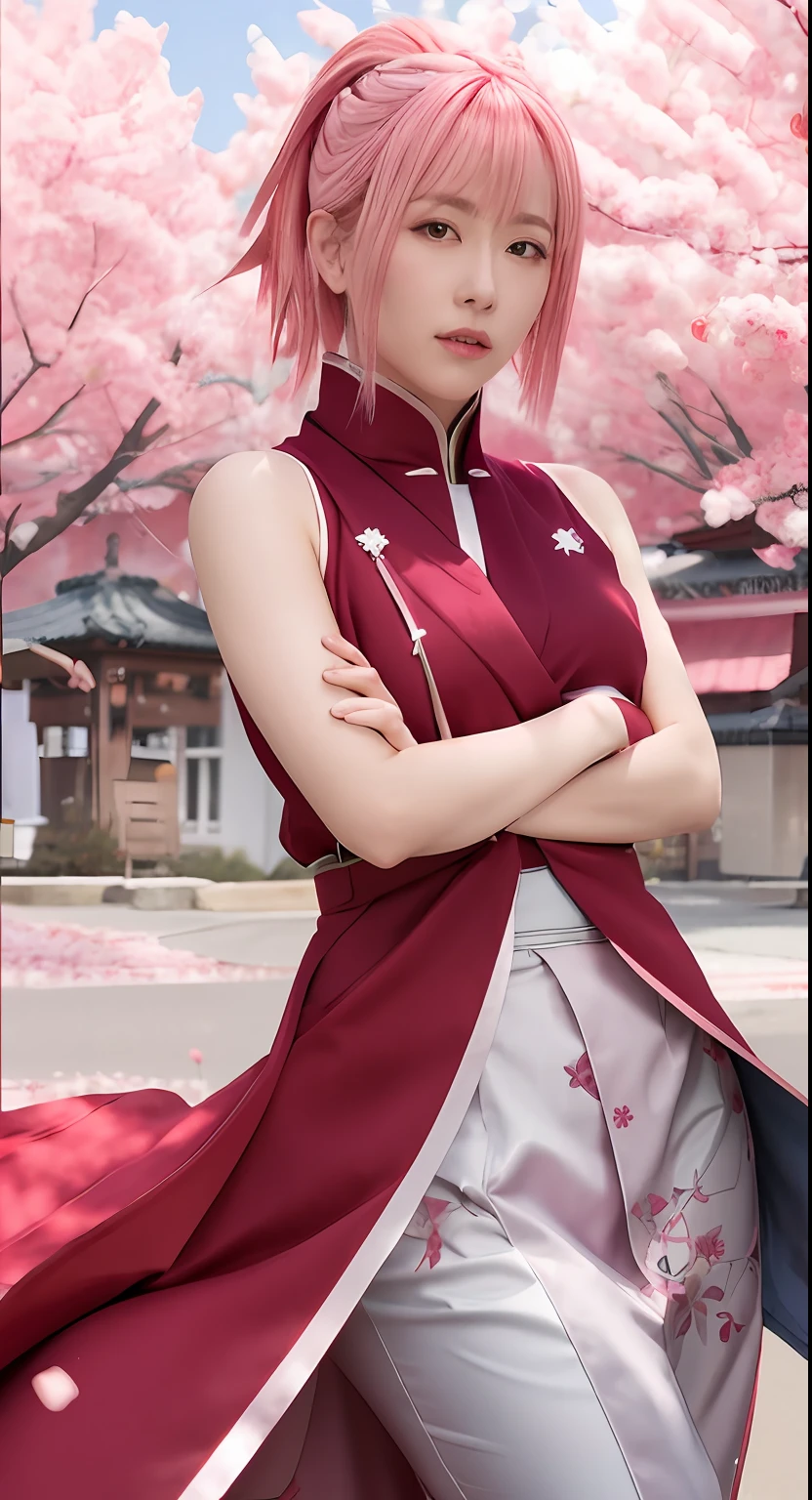 Haruno sakura with pink hair and a red cape standing in front of a tree, sakura haruno, haruno sakura, sakura haruno in slug, female protagonist 👀 :8, sakimi chan, sakura kinomoto, fox nobushi, ultra realistic, real, red kimono swit