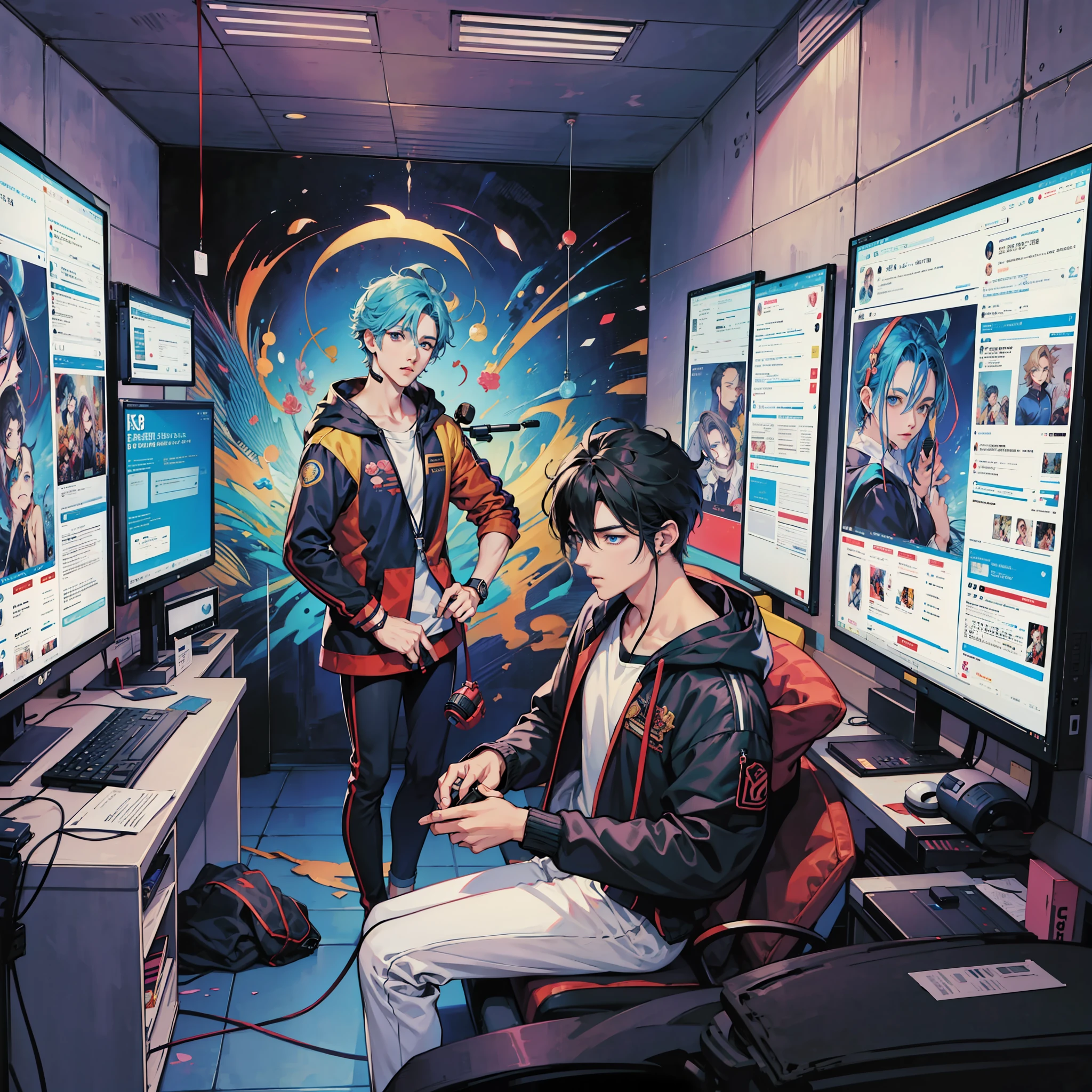 Anime boy calls to talk, ig studios anime style, nightcore, style of anime4 K, High quality anime art style, Anime boy, young anime man, Anime art style, Digital anime illustration, Anime style. 8K, in an anime style, male anime character, Kawasi,best qualtiy:1.0),(超高分辨率:1.0),Anime boys,with short black hair,blue color eyes,sitting in front of the computer,Speak into the microphone,The background is in the esports room,Earphone,The head is close to the microphone,8K,Faraway view