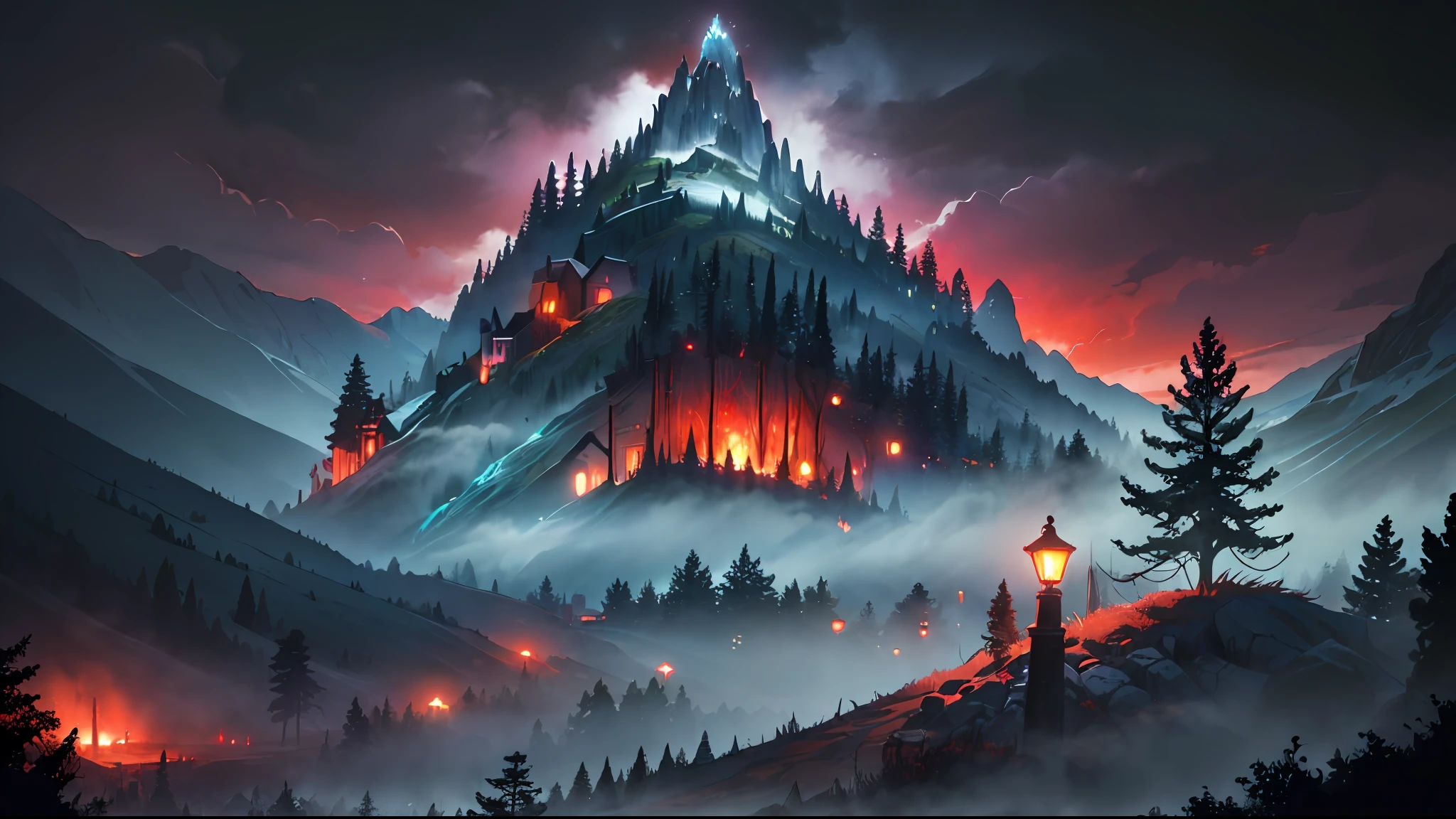 (masterpiece, best quality:1.4), (captivating digital art), cinematic lighting, colorful, high contrast, eerie mountain landscape, lush grass, twisted trees, night scene, (horror theme:1.2), (menacing monster:1.2) lurking in shadows, dark atmosphere, blood rain pouring down, blood-red river flowing, haunting blood moon in the sky, chilling and intense visual experience