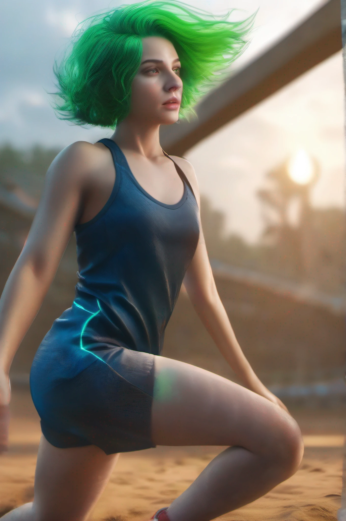 a beautiful girl is playing long jump, green short hair, blue eyes,Conceptual art, best photo shot, glowing light, realistic, UHD, textured skin, masterpiece, anatomically correct, best quality, 8k, full body