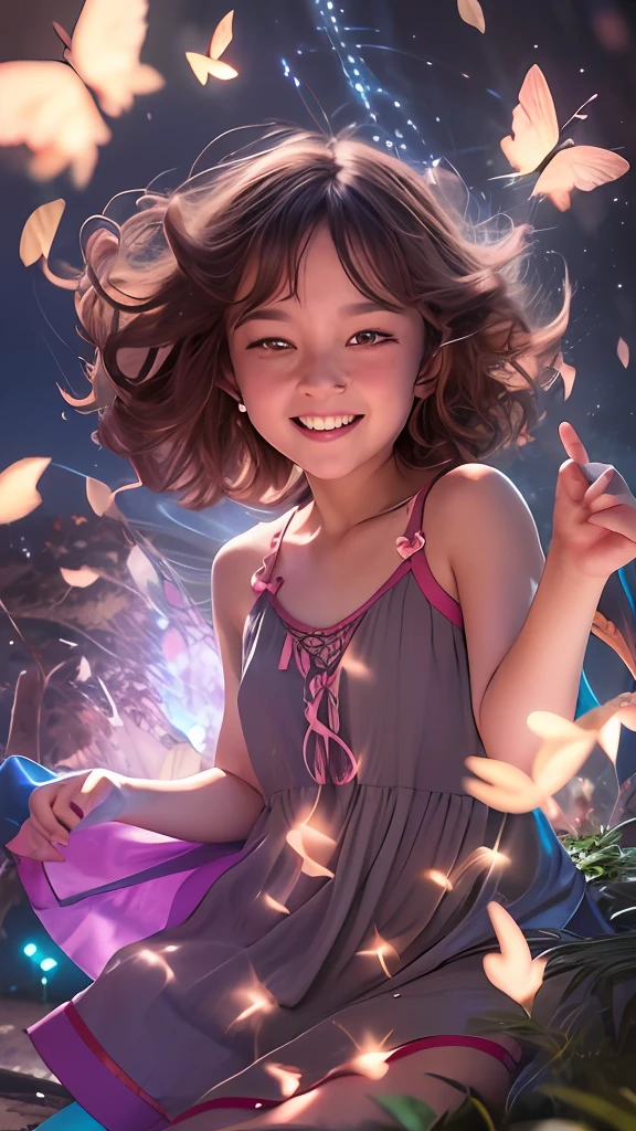 "Cute little European girl with curly shoulder-length brown hair with happy expression on her face, dressed in a summer dress, Dancing with fireflies, She's in the distance. beautiful fantasy art by Artgerm and Hayao Miyazaki, Trending on ArtStation."