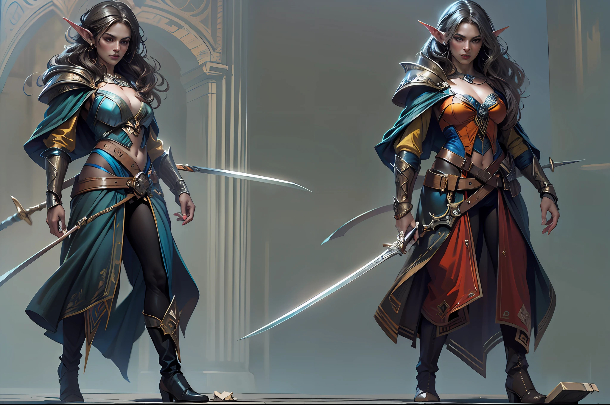 a picture of a female elf (intense details, Masterpiece, best quality: 1.5) fantasy swashbuckler, fantasy fencer, armed with a slim sword, shinning sword, metallic shine, colorful clothes, dynamic clothing, epic beautiful female elf (intense details, Masterpiece, best quality: 1.5), ultra detailed face (intense details, Masterpiece, best quality: 1.5), full body (intense details, Masterpiece, best quality: 1.5), high heeled boots, rich hair, braided hair, small pointed ears, fantasy urban street (intense details, Masterpiece, best quality: 1.5),  purple cloak, long cloak (intense details, Masterpiece, best quality: 1.5), sense of daring, sense of adventure,  high details, best quality, 8k, [ultra detailed], masterpiece, best quality, (extremely detailed), dynamic angle, ultra wide shot, photorealistic, RAW, fantasy art, dnd art,fantasy art, realistic art, octane rendering@