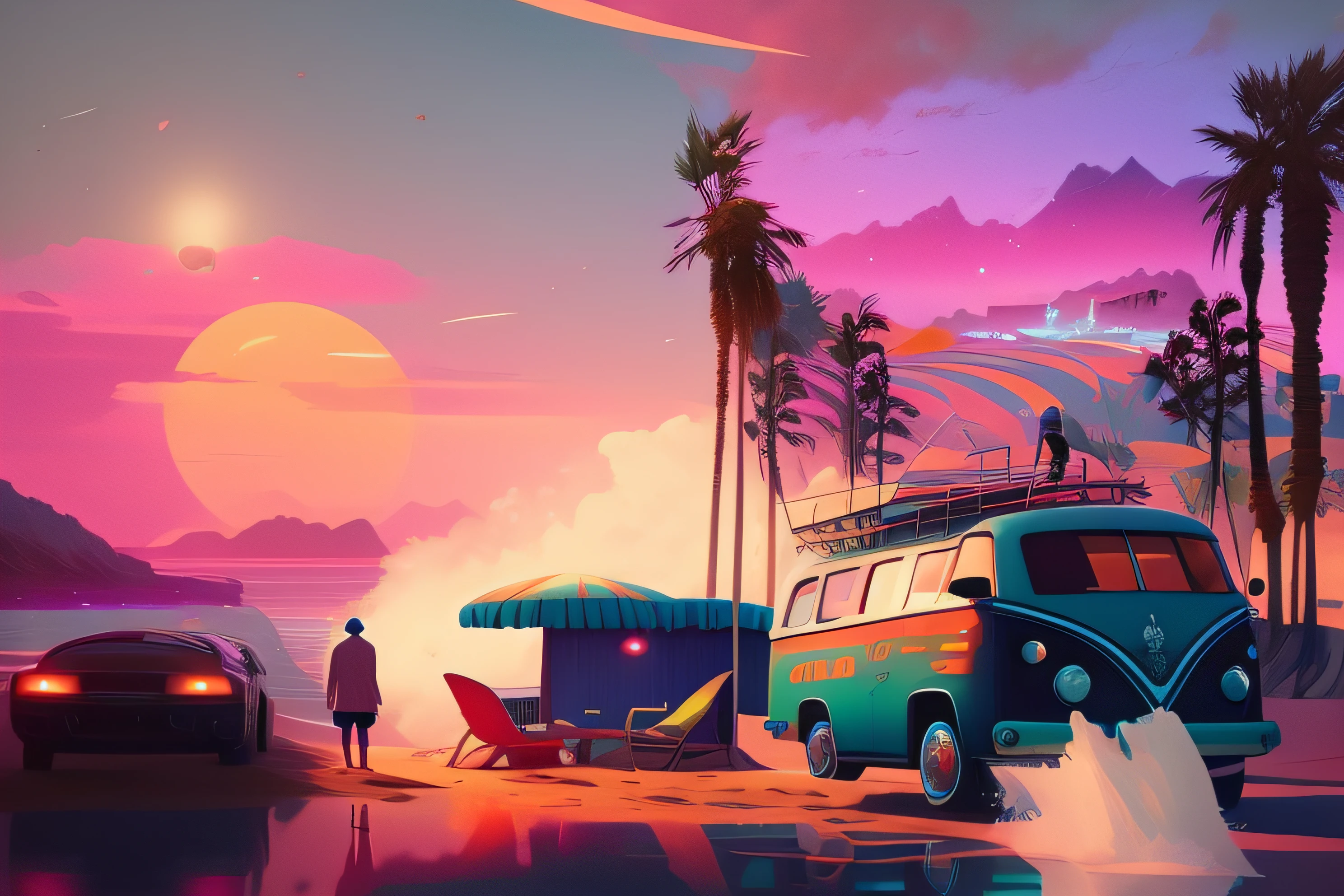Palm tree van on the surfer and beach, Inspired by Cyril Rolando, cyril rolando and goro fujita, author:Mike Winckelman, Beeple e Jean Giraud, In the style of Cyril Rolando, Syd Mead和Raphael Lacoste, concept-art | RHADS, simon stålenhag. Digital art, james gilleard artwork,Steam waves,The art of steam,palmeiras,People on the beach,lamp lights,Complicated details,Volumetric lighting BREAK(tmasterpiece:1.2),(best qualtiy),4K,ultra - detailed,(dynamic compositions:1.4),detail-rich,plethora of colors,(Irridescent color:1.2),(with light glowing,Atmospheric lighting),Dreamlike,magical,(独奏:1.2),Colorful