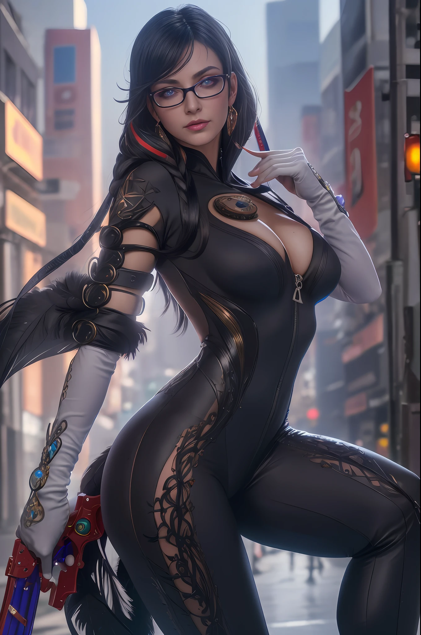 cereza, 1girl, solo, breasts, glasses, blue eyes, gloves, ribbon, cleavage, jewelry, weapon, ass, earrings, mole, 2 guns, (bodysuit:1.2), (breast focus:1.5), feathers, mole under mouth, future city background, (realistic:1.2), (realism), (masterpiece:1.2), (best quality), (ultra detailed), (8k), (intricate), (full body:1), (85mm), light particles, lighting, (highly detailed:1.2), (detailed face:1.2), (gradients), sfw, colorful, (detailed eyes:1.5), (detailed background), (rule of third_composition:1.3), (Line of action:1.2), beautiful face, highly detailed face, highly detailed skin, skin pores, subsurface scattering, (realistic pupils), medium breast, full face blush, full lips, detailed background, depth of field, volumetric lighting, sharp focus, absurdres, realistic proportions, good anatomy, (realistic, hyperrealistic:1.4), 16k hdr,