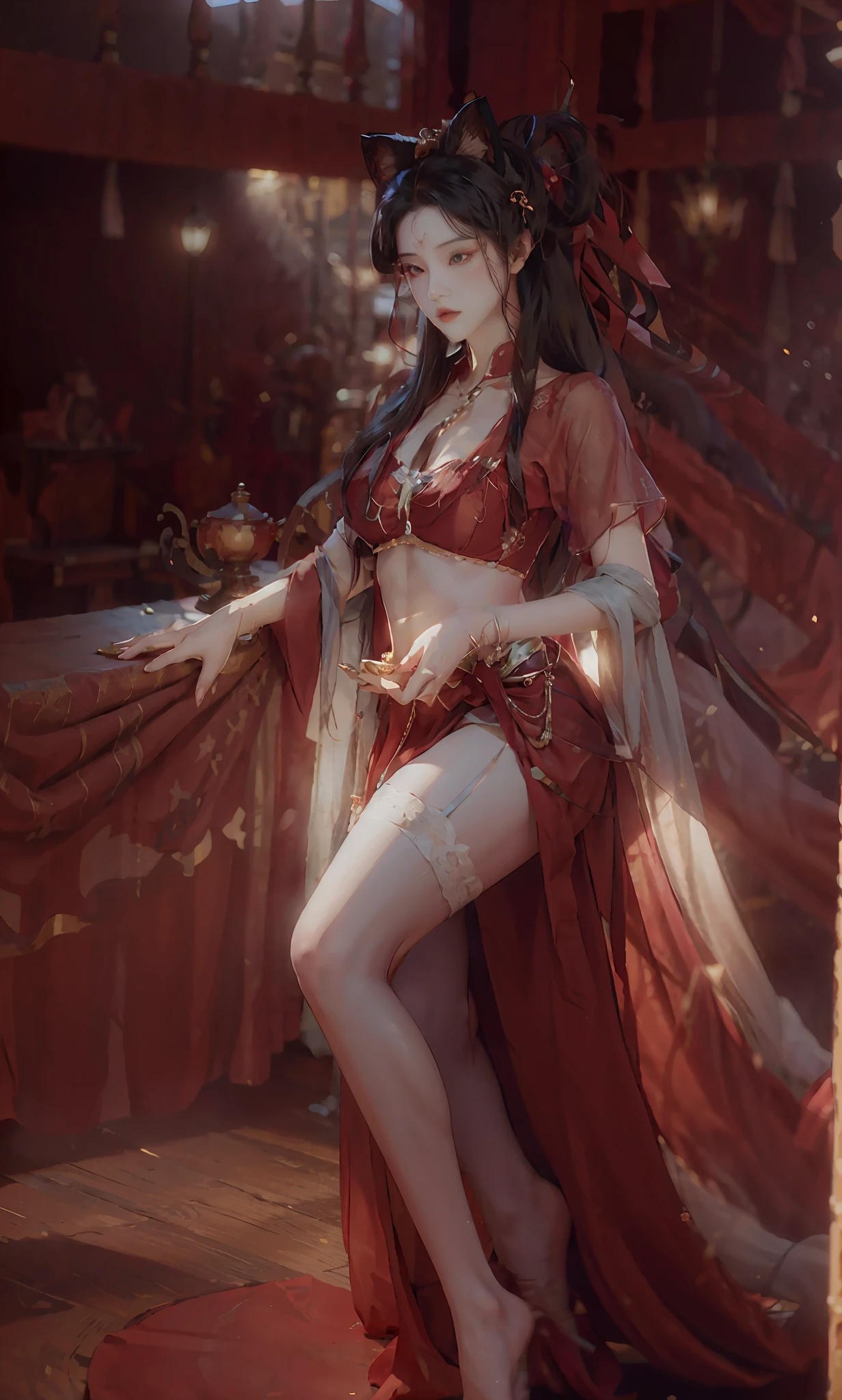 Gorgeous and beautiful,8K quality,Bright starry eyes,Delicate rouge,Delicate gloves,Realistic and detailed,Focus on the lower body,high definition detail,Long flowing hair,Shiny red lips,slimfigure,The chest is covered,elegant and charming,Indoor panoramic background,Messy hair,black pantyhoses,Clear face,Dynamic angle,romantic atmoshere,Exquisite depiction,wearing silk stockings,Has cat ears and tails,Conservative attire。