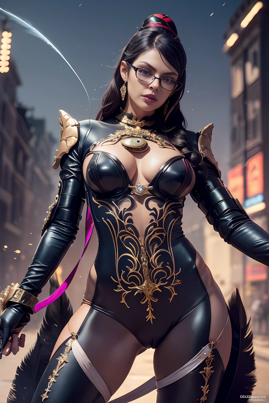 Bayonetta ,1woman, solo, breasts,glasses, blue eyes, gloves, ribbon, cleavage, jewelry, weapon, ass, earrings, mole, gun, bodysuit, makeup, feathers, lipstick, mole under mouth, dual wielding (realistic:1.2), (realism), (masterpiece:1.2), (best quality), (ultra detailed), (8k, 4k, intricate),(full-body-shot:1), (85mm),light particles, lighting, (highly detailed:1.2),(detailed face:1.2), (gradients), sfw, colorful,(detailed eyes:1.2)(detailed background),detailed landscape, (dynamic angle:1.2), (dynamic pose:1.2), (rule of third_composition:1.3), (Line of action:1.2)