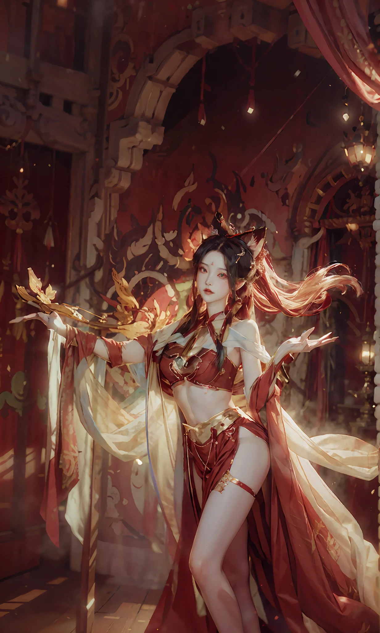 Gorgeous and beautiful,8K quality,Bright starry eyes,Delicate rouge,Delicate gloves,Realistic and detailed,Focus on the lower body,high definition detail,Long flowing hair,Shiny red lips,slimfigure,The chest is covered,elegant and charming,Indoor panoramic background,Messy hair,black pantyhoses,Clear face,Dynamic angle,romantic atmoshere,Exquisite depiction,wearing silk stockings,Has cat ears and tails,Conservative attire。