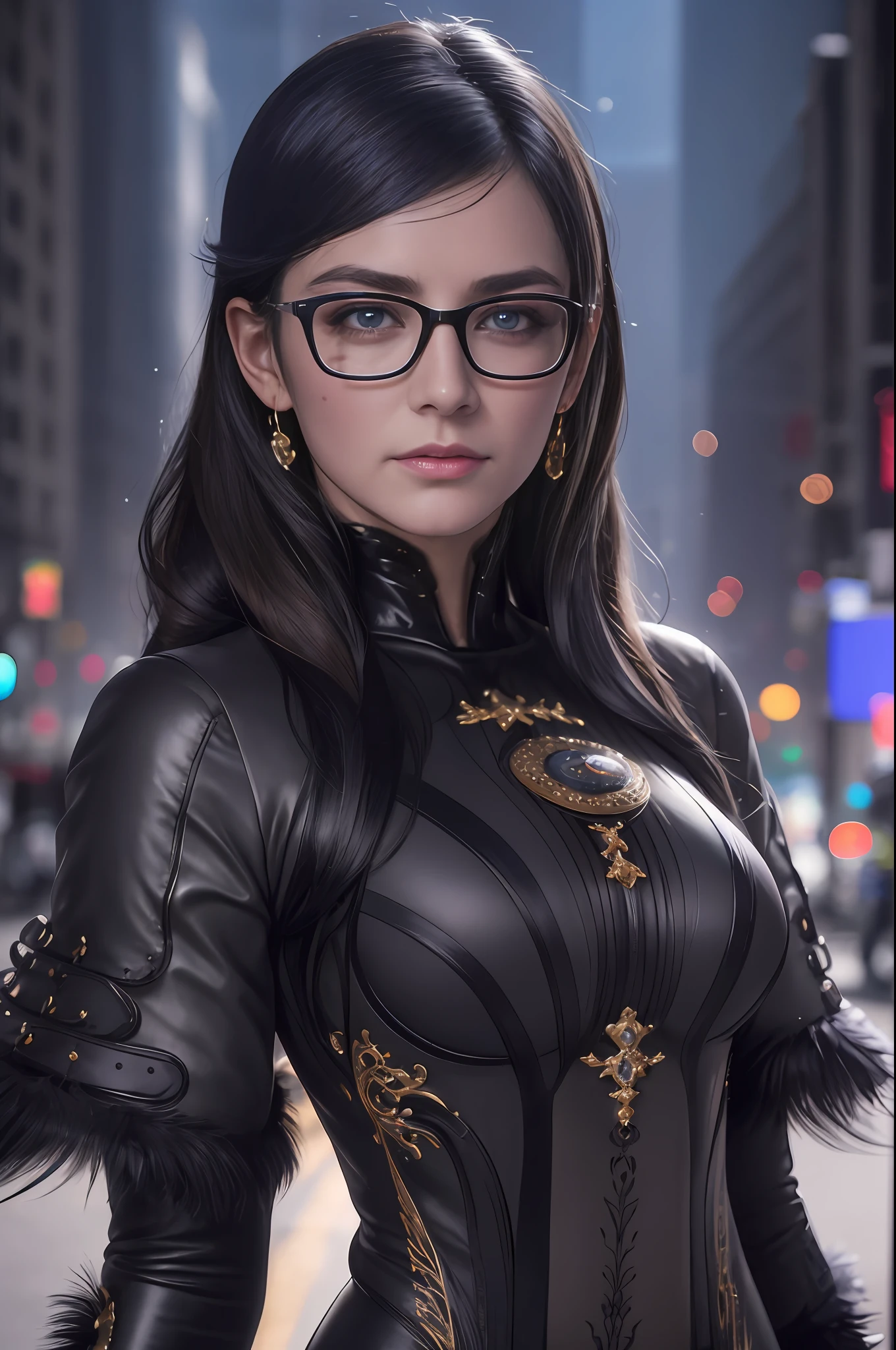 cereza, 1girl, solo, glasses, blue eyes, gloves, ribbon, (bodysuit:1.2), (face focus:1.5), feathers, mole under mouth, future city background, (realistic:1.2), (realism), (masterpiece:1.2), (best quality), (ultra detailed), (8k), (intricate), (85mm), light particles, lighting, (highly detailed:1.2), (detailed face:1.2), (gradients), sfw, colorful, (detailed eyes:1.5), (detailed background), (rule of third_composition:1.3), (Line of action:1.2), beautiful face, highly detailed face, highly detailed skin, skin pores, subsurface scattering, (realistic), full face blush, full lips, detailed background, depth of field, volumetric lighting, sharp focus, absurdres, realistic proportions, good anatomy, (realistic, hyperrealistic:1.4), 16k hdr,