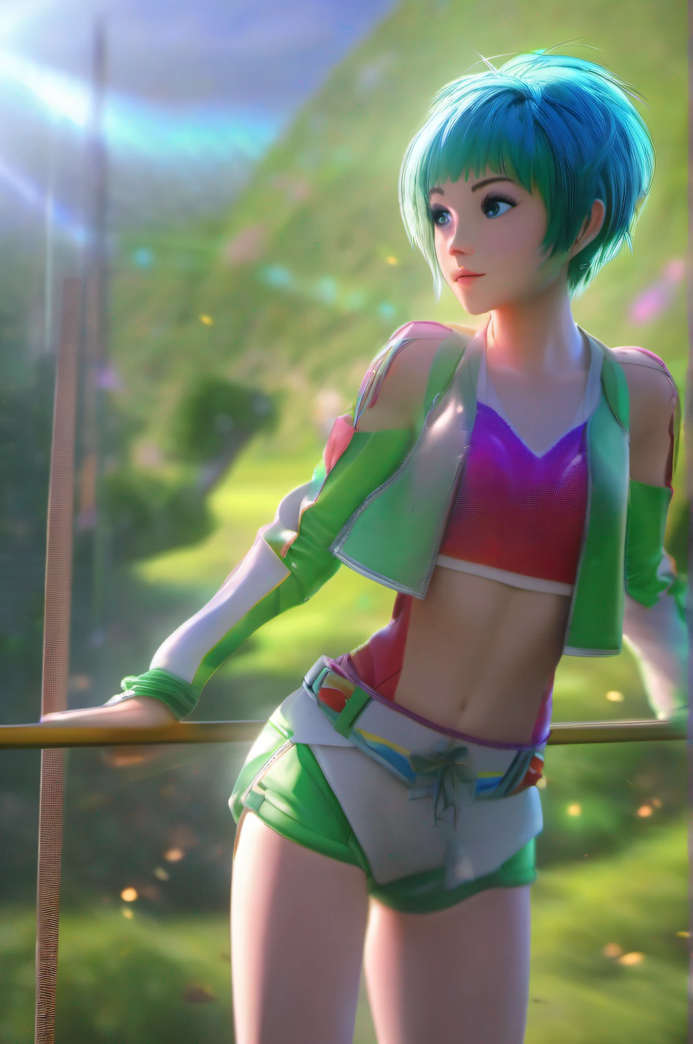 a beautiful girl is playing high jump, green short hair, blue eyes,Conceptual art, best photo shot, glowing light, realistic, UHD, textured skin, masterpiece, anatomically correct, best quality, 8k, full body