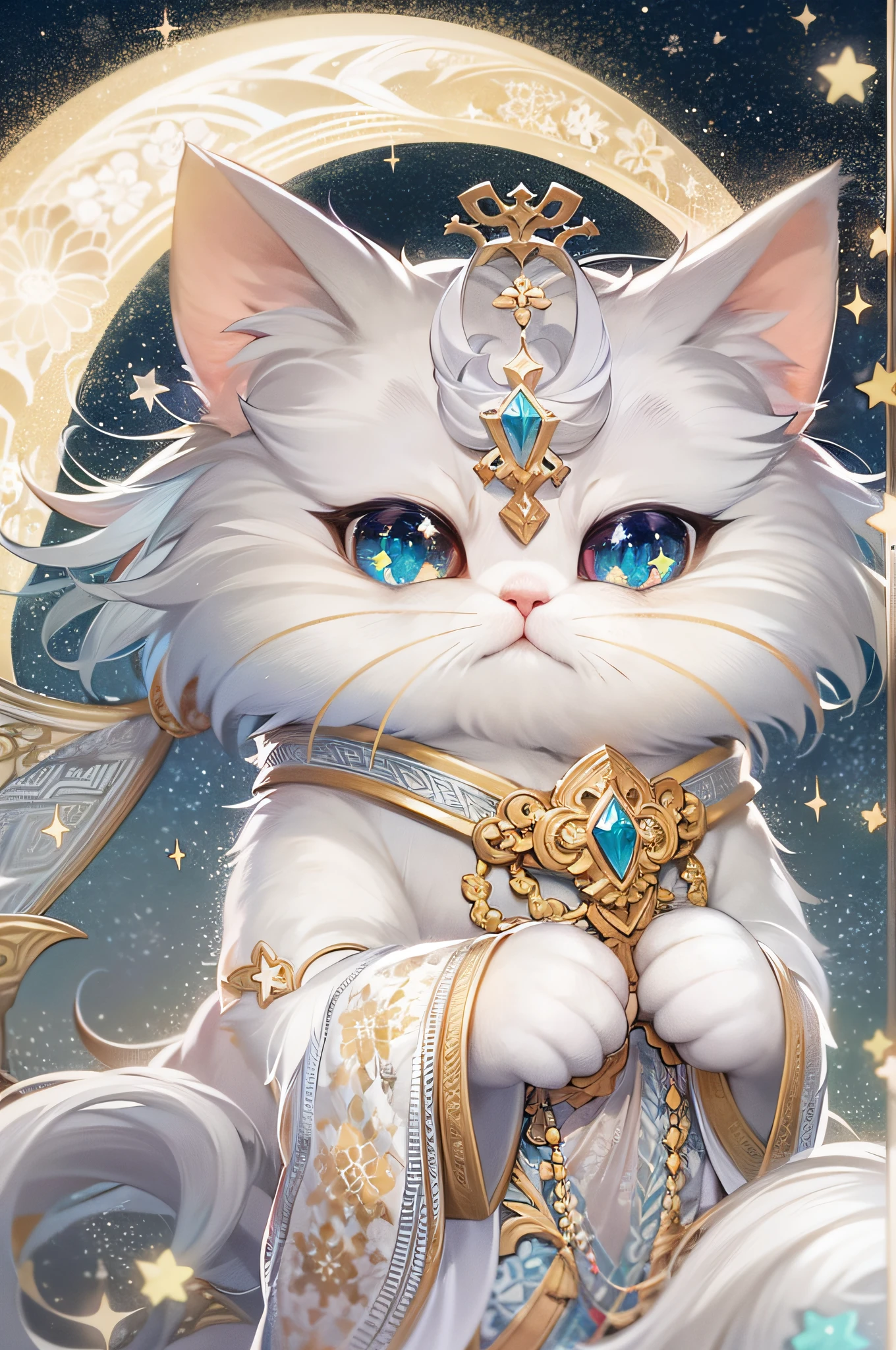 Fluffy hair，Round eyes Persian cat 1.3((Disney style))，Hanfu，There is a huge moon behind it、Elven Light White Dragon、As estrelas、facula、the sea with fluorescence、Sparkling golden beach、the starry sky with moonlight