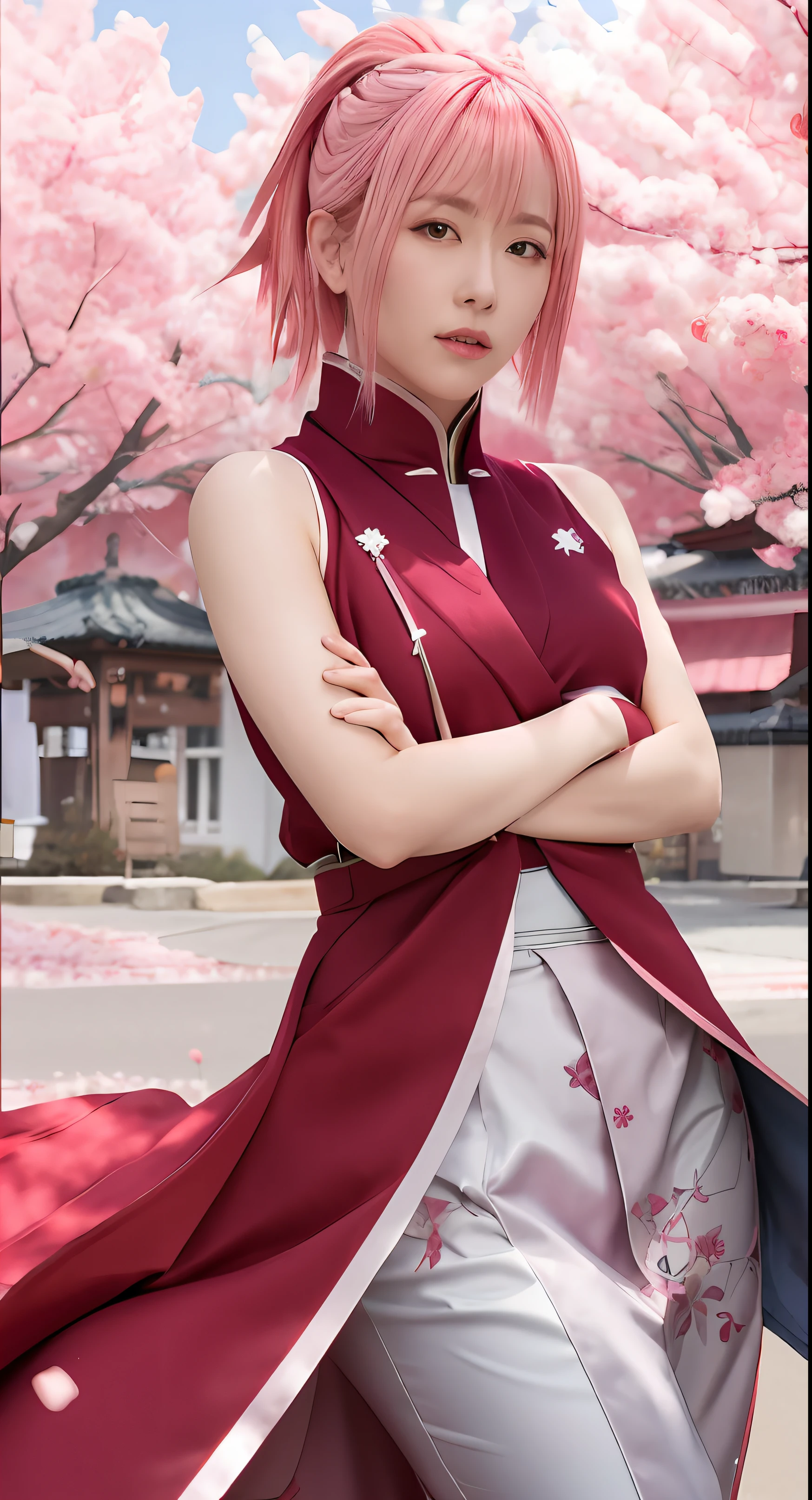 Haruno sakura with pink hair and a red cape standing in front of a tree, sakura haruno, haruno sakura, sakura haruno in slug, female protagonist 👀 :8, sakimi chan, sakura kinomoto, fox nobushi, ultra realistic, real, red kimono swit