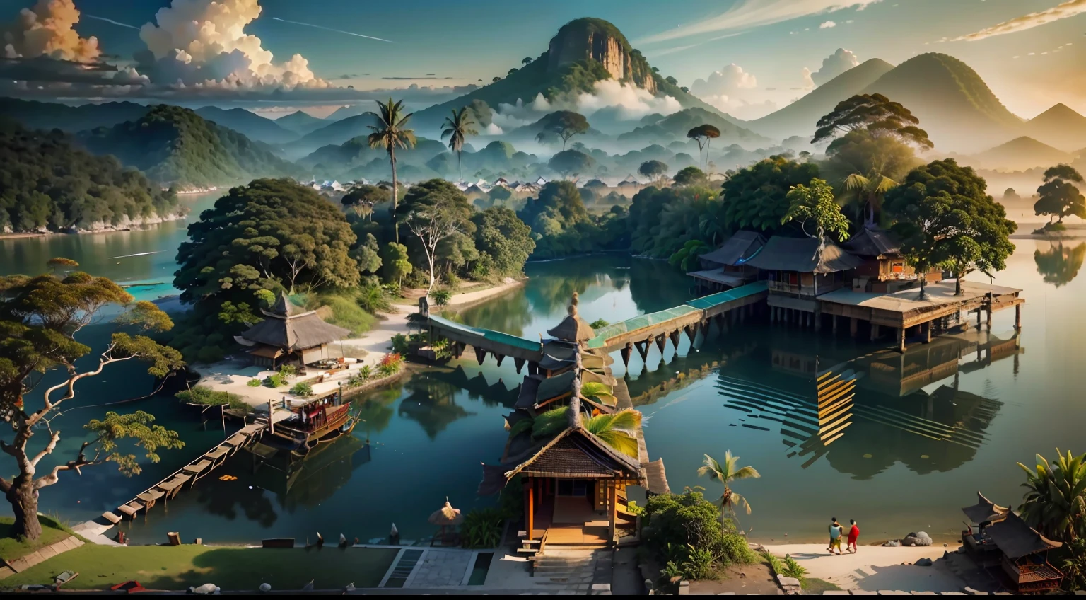 "Beautiful scenic view of Indonesia's stunning landscapes, vibrant colors, and rich culture with traditional elements incorporated. Captivating sunset over clear turquoise waters, lush green forests, tropical flora and fauna, traditional architecture, and locals engaged in traditional activities.+"