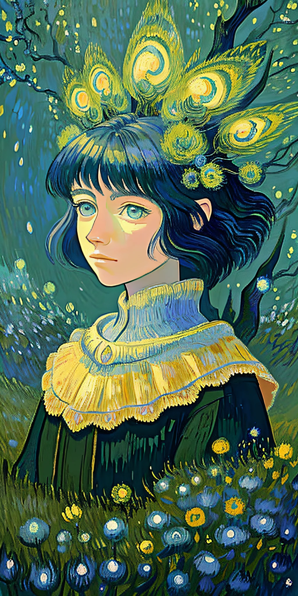 close up portrait, a female traveller in the wilds of eldraine, vincent van gogh, andy kehoe , intricate detail, symmetry, in a beautiful dream, alfred sisley , oil painting, fairy tale theme, she is confident, radiant vista, plains backdrop during winter, concept art,