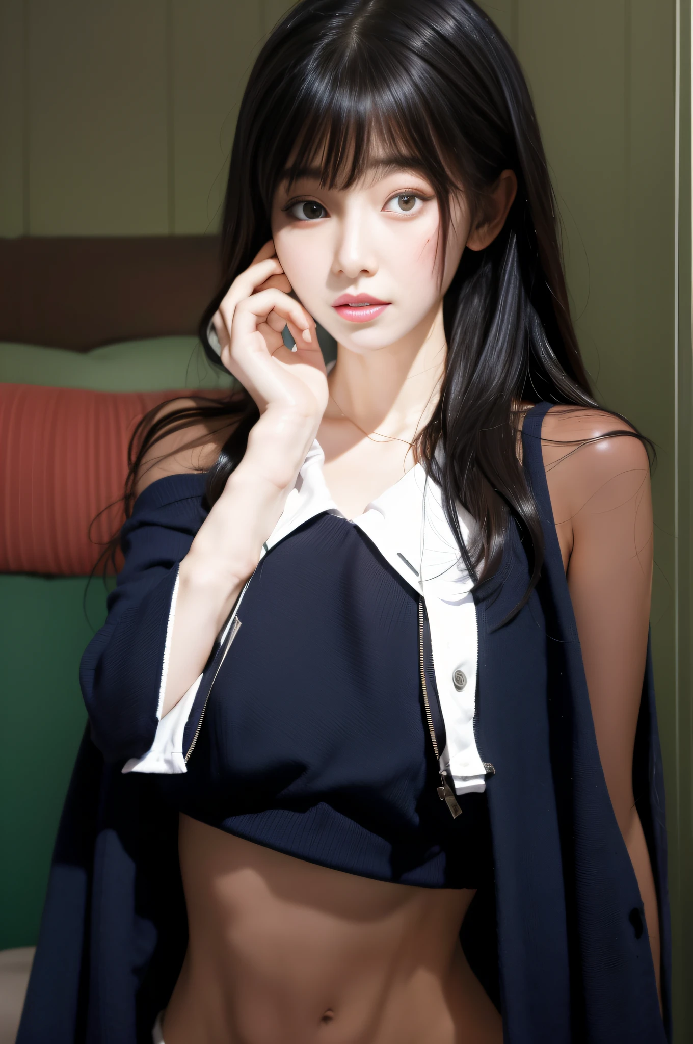 There was a woman in a black shirt and blue jacket, portrait of female korean idol, ulzzangs, korean women's fashion model, Korean girl, Gorgeous young Korean woman, jaeyeon nam, Shin Jinying, Choi Hyun-hwa, young pretty gravure idol, with cape, Beautiful young Korean woman, sui ishida with black hair
