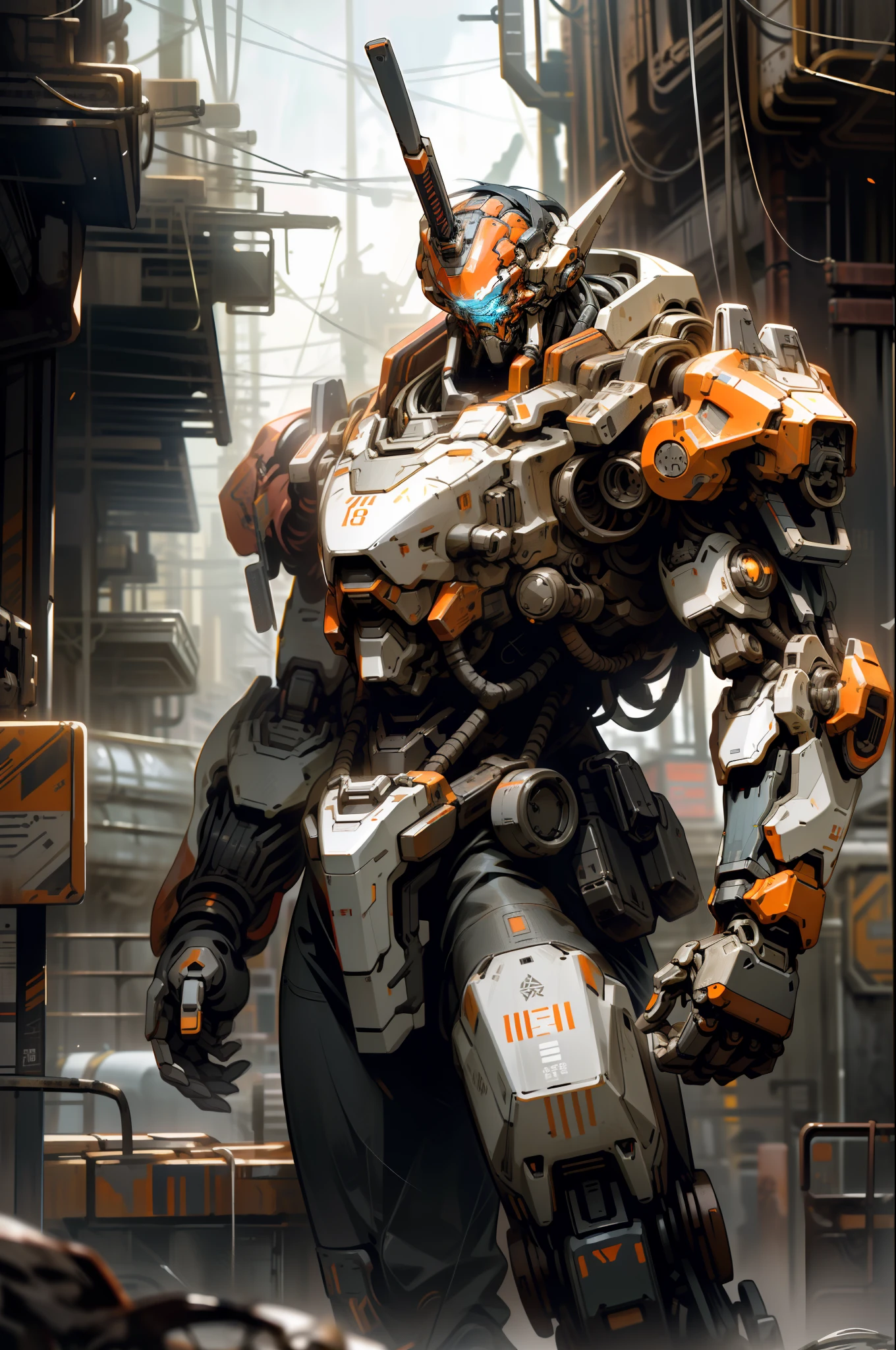 On the moon, barren planet, ruins, holding weapons, no humans, glowing, robot, building, glowing eyes, orange mech, science fiction, city, reality, mecha, galaxy background, full body, neon, cyber Punk, 8K wallpapers, ultra-detailed artwork, cinematic lighting, realistic photos, Dark_Fantasy, Cyberpunk, (chain saw, chain saw man, Red: 1.1), 1man, Mechanical marvel, Robotic presence, Cybernetic guardian, wearing a worn-out machine armor suit, intricate, (steel metal [rust]), elegant, sharp focus, photographed by greg rutkowski, soft lighting, vibrant colors, masterpiece, ((street)), cowboy shot, dynamic pose,
