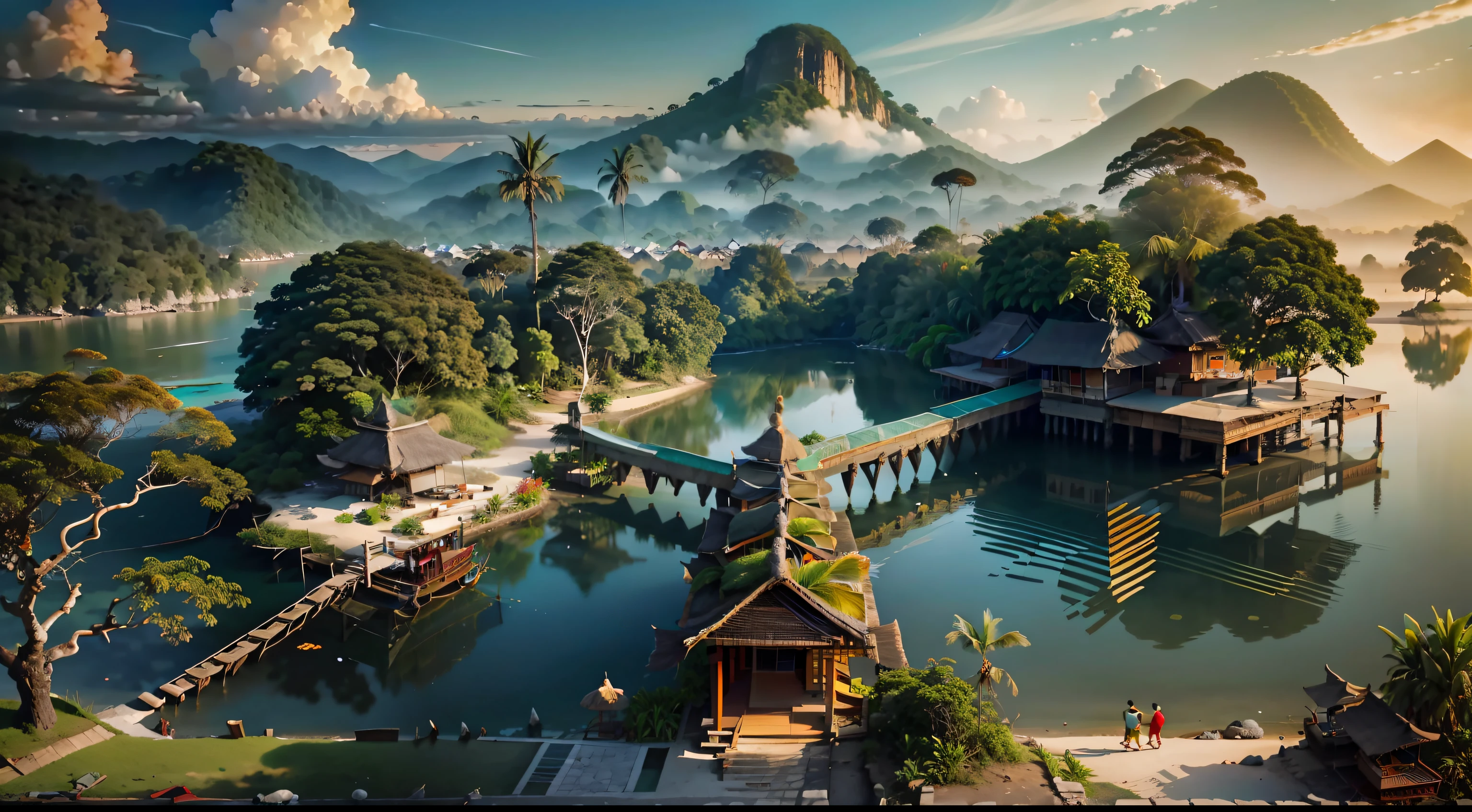 "Beautiful scenic view of Indonesia's stunning landscapes, vibrant colors, and rich culture with traditional elements incorporated. Captivating sunset over clear turquoise waters, lush green forests, tropical flora and fauna, traditional architecture, and locals engaged in traditional activities.+"