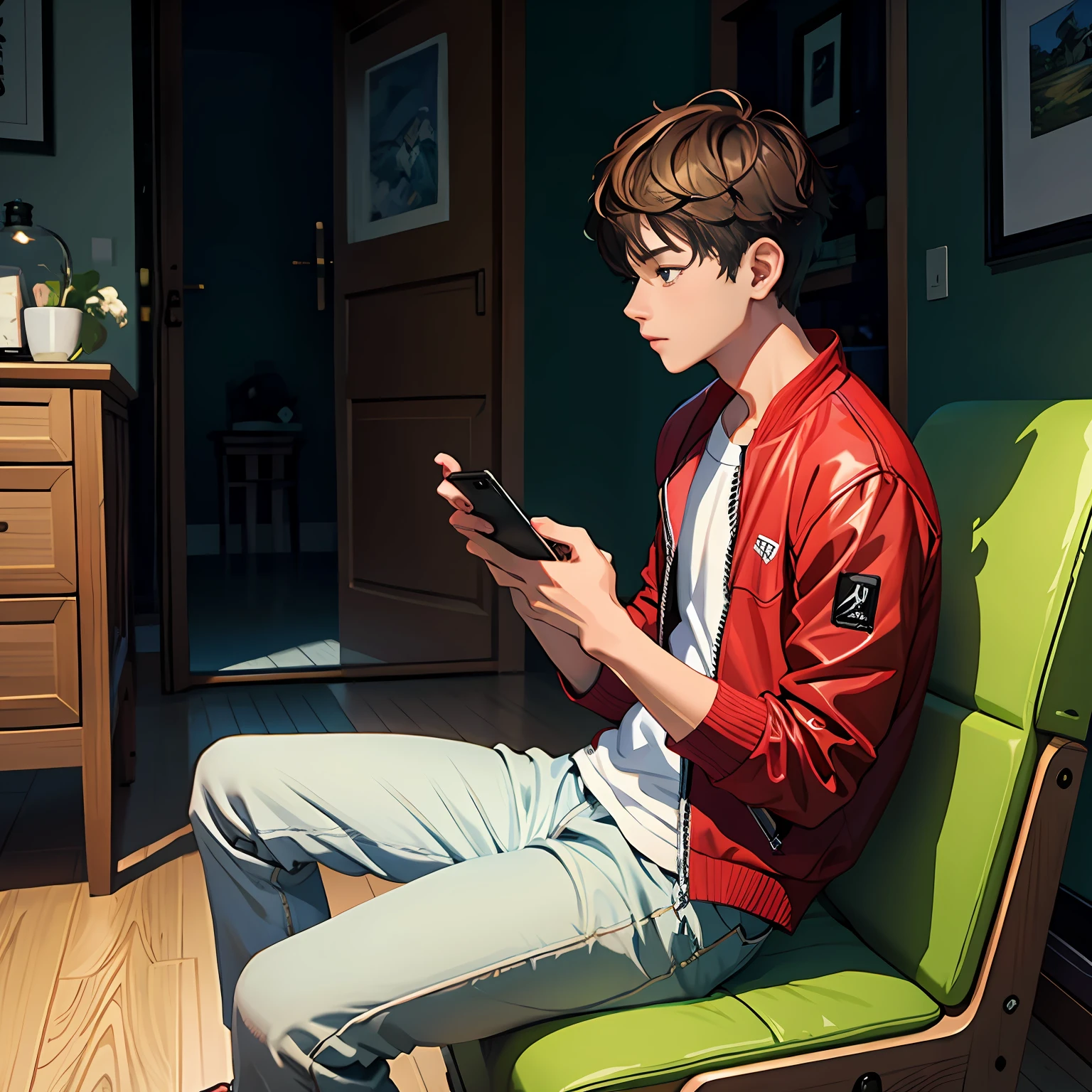 A young man is playing a game with a mobile phone in both hands