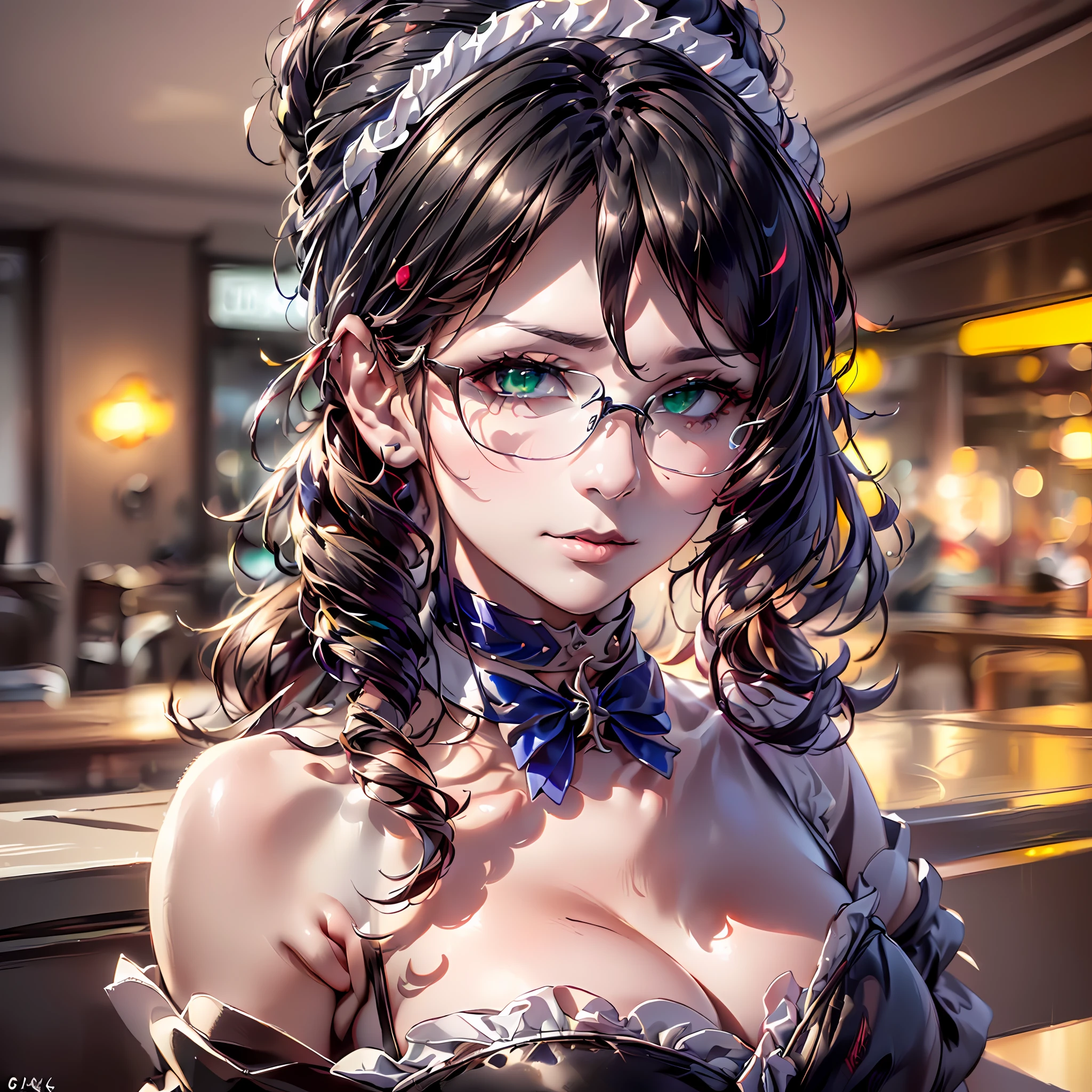 (64k, RAW photo, highres, best quality, masterpiece:2.0), (ultra-fine depiction of the detail:2.0), (realistic, beautiful, photo-realistic:1.3), 1girl, (yuri alpha), (long black hair, slightly messy), (slightly messy diagonal bangs:1.0), (single braid bun, double bun), (shiny black hair, blue-gray eyes), (cool glasses), (gothic style vivid blue choker), (blue bowtie and ribbon), (simple but high-quality maid dress), (elaborately designed, vivid dark emerald green, spiked gantlets), (solemn maid dress with gothic style coreset), (huge breasts, sexy cleavage), (elegant and handsome woman), (shiny skin, pink lips), (looking at the viewer), (closed mouth, a faint smile), (a caring, gentle gaze towards the viewer:1.2), (at a quiet bar counter, in the night, filled with solemn, mysterious atmosphere), (highly sophisticated professional HDR, with effective ambient occlusion, perfectly optimized effective spot light and front light:1.8), (perfect, natural, harmonious composition), (photo-realistic, ultra-detailed:1.5), ((portrait, cowboy shot:1.6))