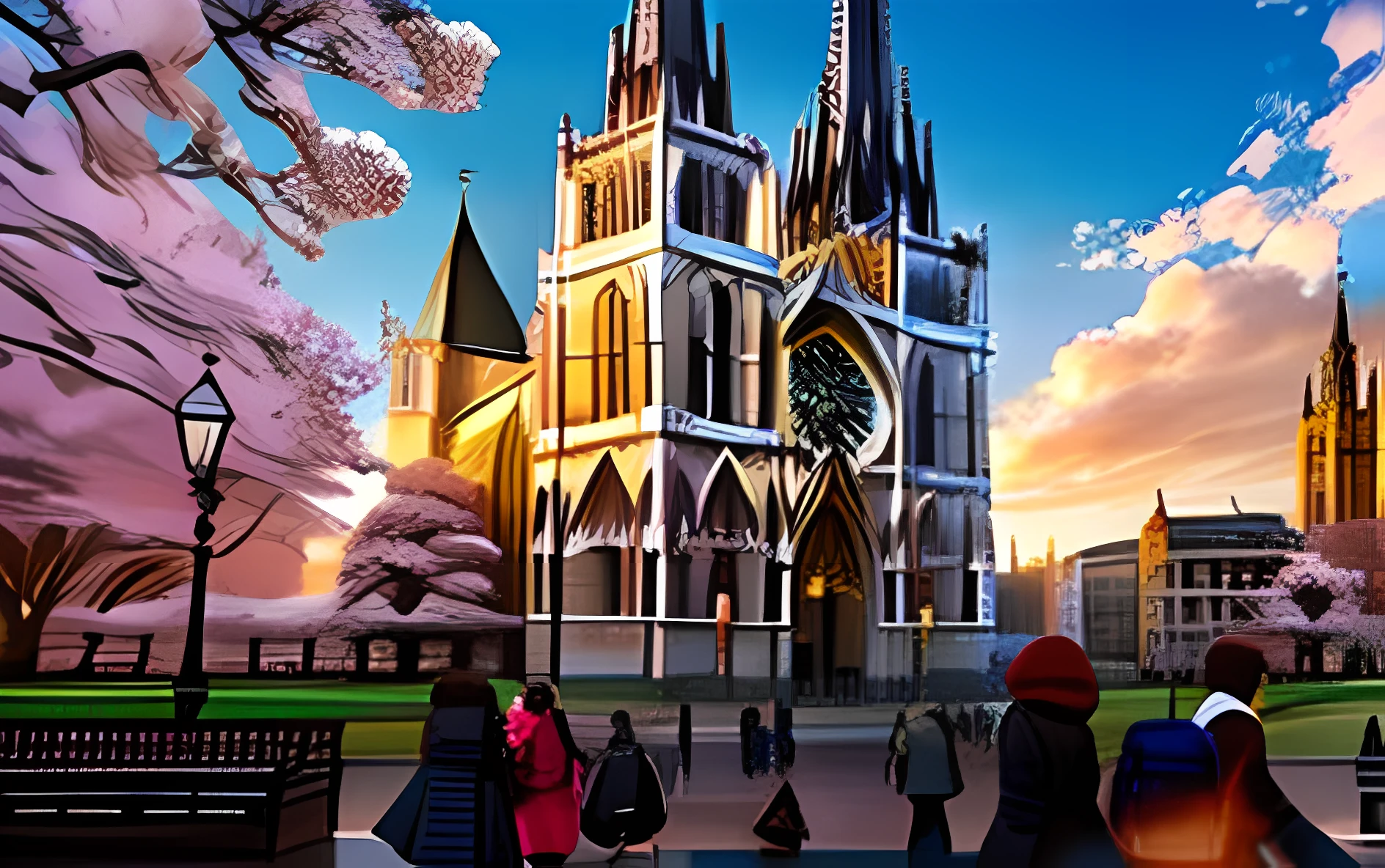 People walk in front of a building with a clock tower, cathedrals!!!!!, cathedral in the background, cathedrals, in a city with a rich history, sacred place, by Ni Yuanlu, church cathedral, Alabaster Gothic cathedral, full - view, external view, majestic masterpiece, photo from 2022, wonderful masterpiece, Church in the background