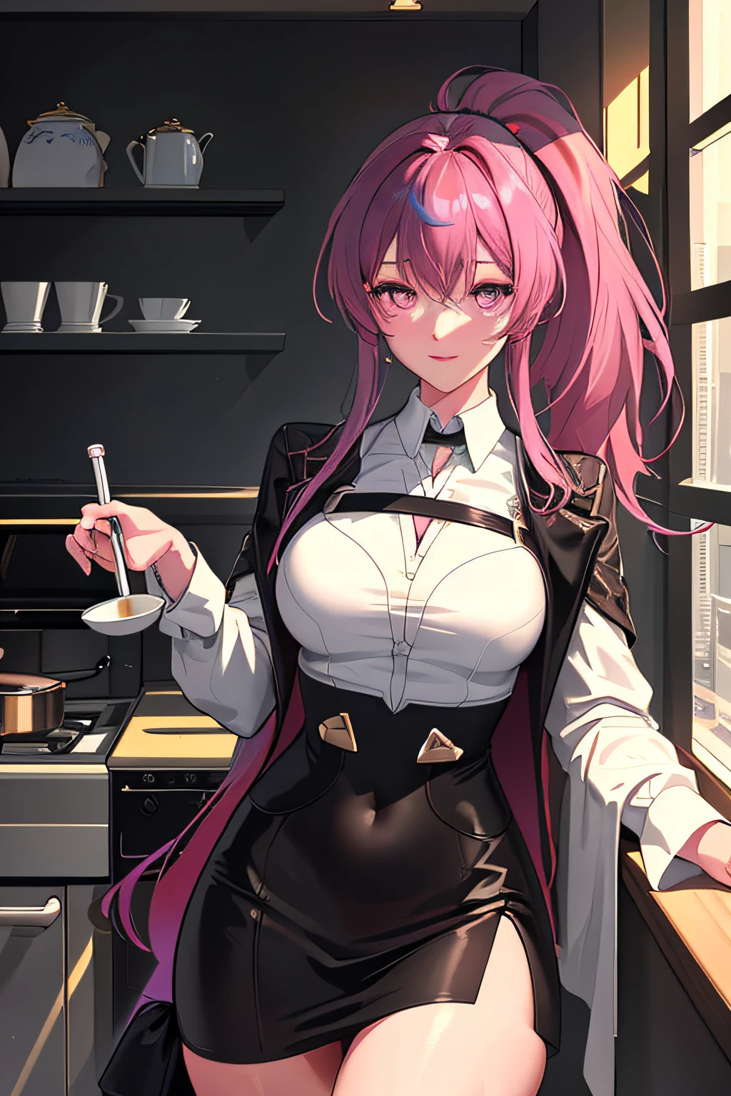 (realisticlying:1.4), (8k, RAW photos:1.2) 1girll, ssmile, standing on your feet, inside in room, Medium hair, birthmark, window, Take the cup, kitchens, blue long hair, High ponytail, Pink eyes, shift dresses, long leges, gradient hair, Surrealism, Tonalism, anime style, cinematic lighting, chiaroscuro, super detail, high details, best quality, masterpiece, UHD, ccurate