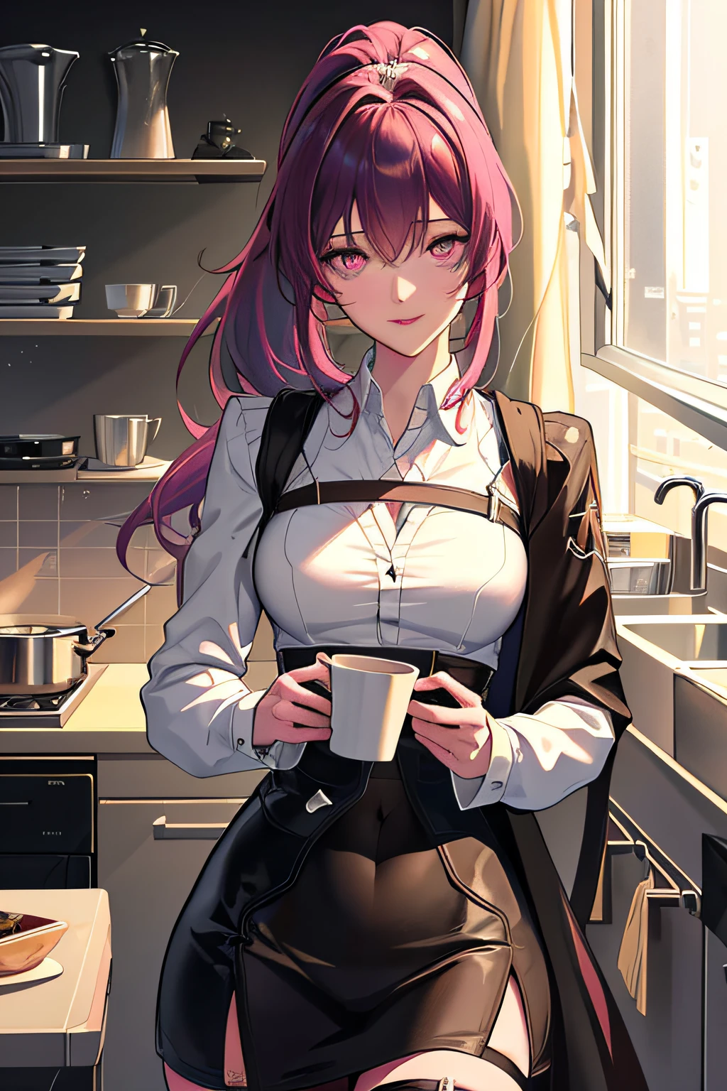 (realisticlying:1.4), (8k, RAW photos:1.2) 1girll, ssmile, standing on your feet, inside in room, Medium hair, birthmark, window, Take the cup, kitchens, blue long hair, High ponytail, Pink eyes, shift dresses, long leges, gradient hair, Surrealism, Tonalism, anime style, cinematic lighting, chiaroscuro, super detail, high details, best quality, masterpiece, UHD, ccurate