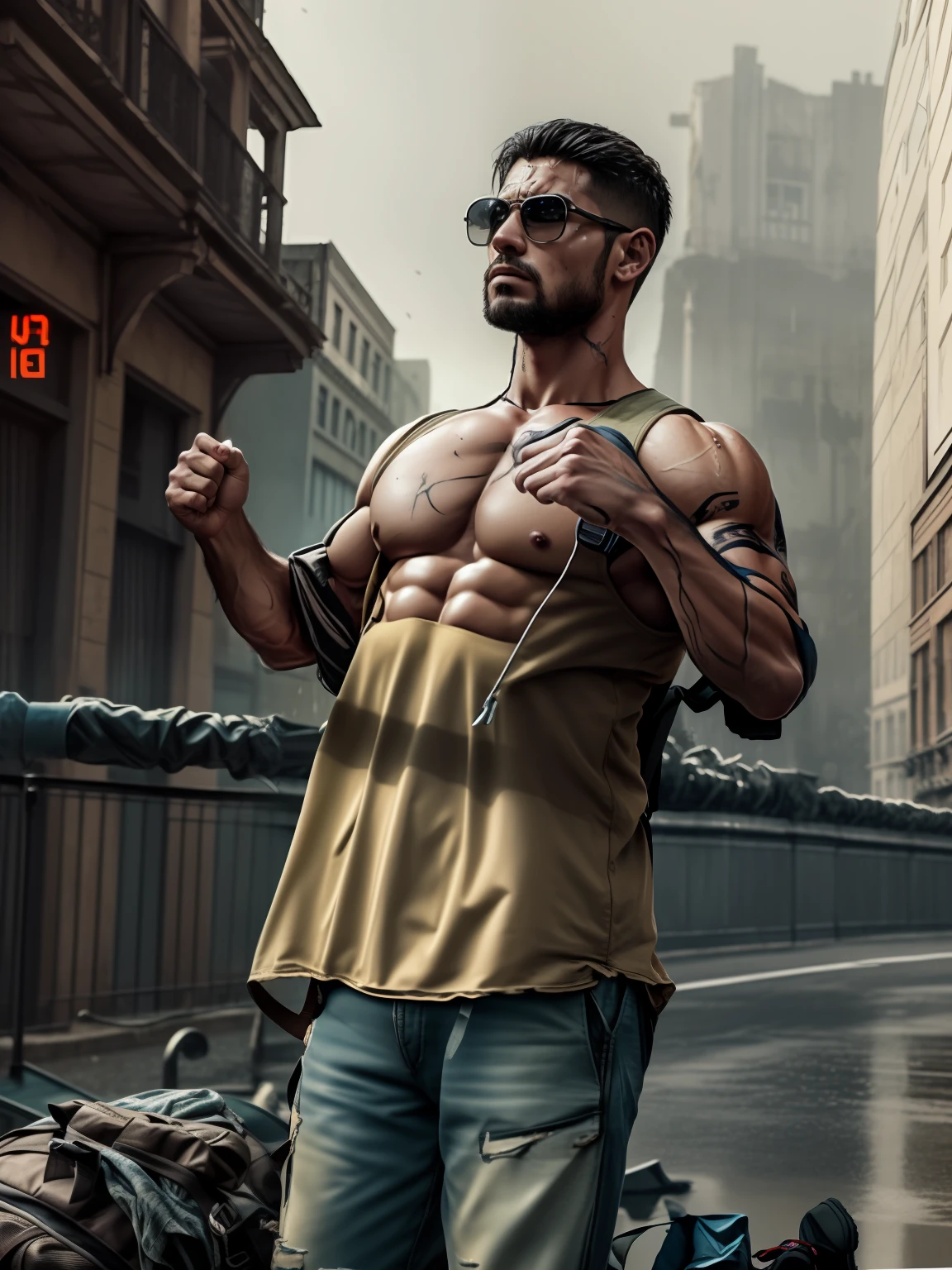 strong muscular man, street angry, backpack, epic realistic, photo, faded, complex stuff around, intricate background, soaking wet, neutral colors, ((((hdr)))), ((((muted colors)))), intricate scene, artstation, intricate details, vignette