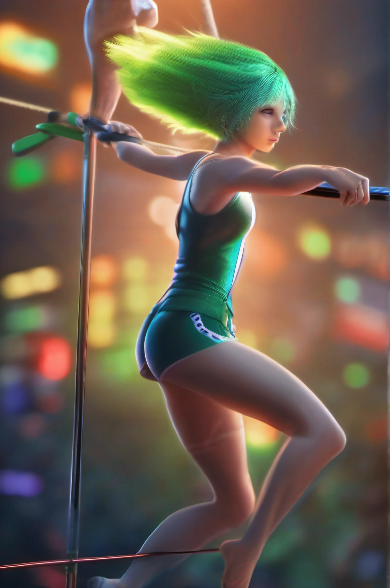 a beautiful girl is playing pole vault, green short hair, blue eyes,Conceptual art, best photo shot, glowing light, realistic, UHD, textured skin, masterpiece, anatomically correct, best quality, 8k, full body