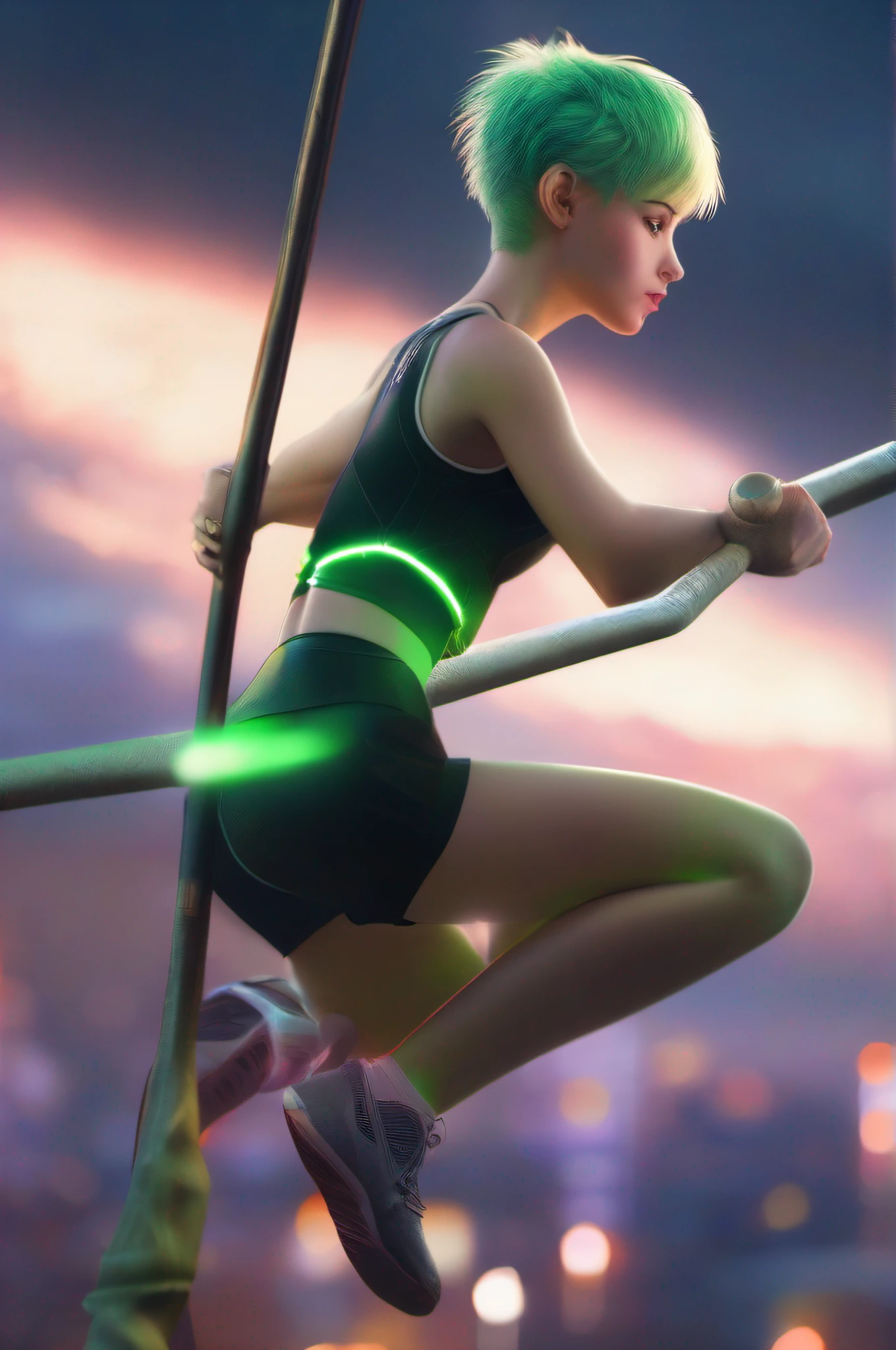 a beautiful girl is playing pole vault, green short hair, blue eyes,Conceptual art, best photo shot, glowing light, realistic, UHD, textured skin, masterpiece, anatomically correct, best quality, 8k, full body