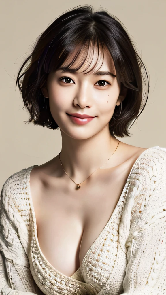 (Best quality, 8k, 32k, Masterpiece, UHD:1.3),Photo of Pretty Japanese woman, large breasts, very short bob hair, upper body,(oversized_sweater:1.1) ,necklace, healthy skin, simple background, (looking down:1.2),smile, close eyes, cleavage view, middle angle