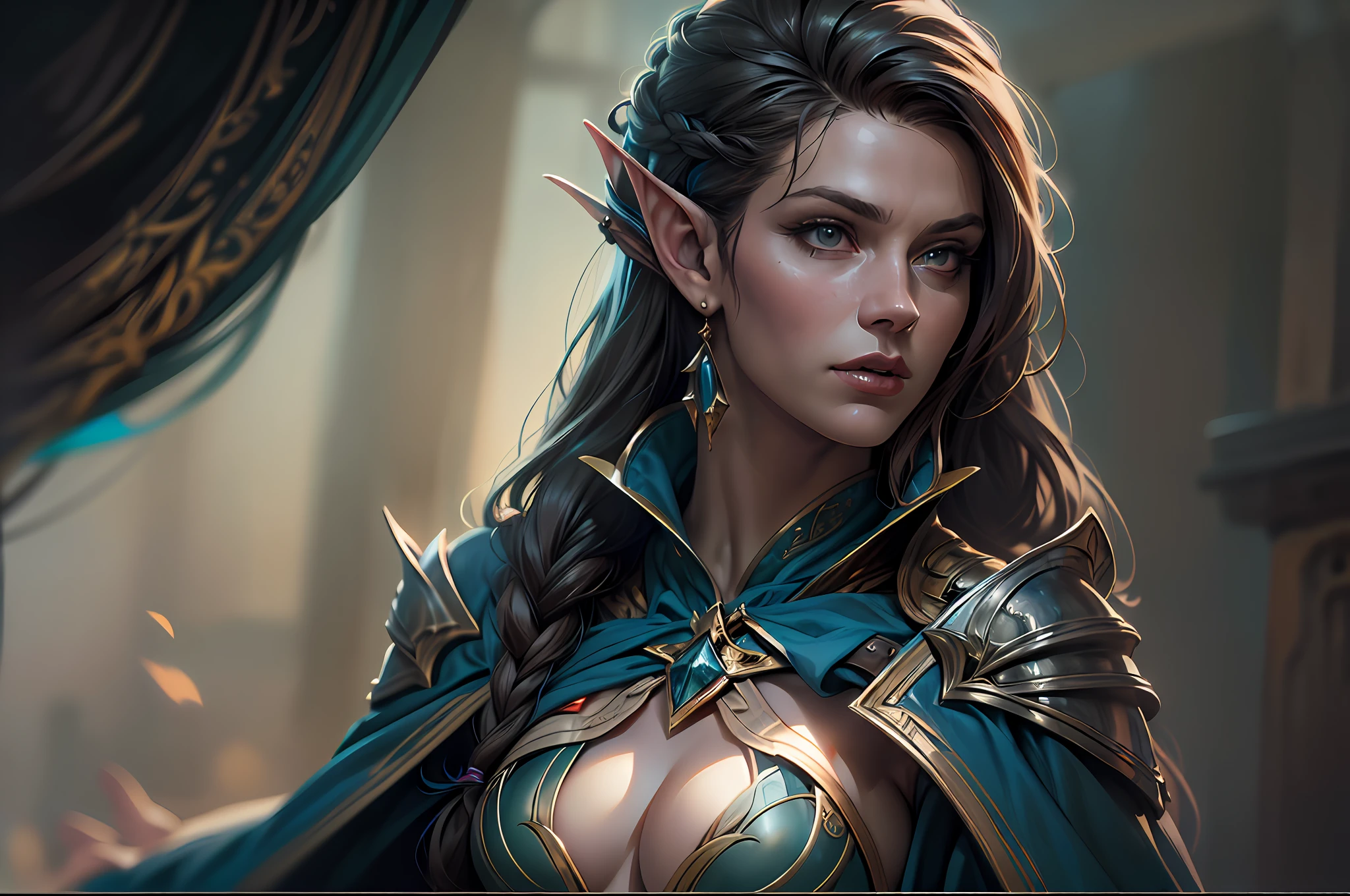 a picture of a female elf (intense details, Masterpiece, best quality: 1.5) fantasy swashbuckler, fantasy fencer, armed with a slim sword, shinning sword, metallic shine, colorful clothes, dynamic clothing, epic beautiful female elf (intense details, Masterpiece, best quality: 1.5), ultra detailed face (intense details, Masterpiece, best quality: 1.5), full body (intense details, Masterpiece, best quality: 1.5), high heeled boots, rich hair, braided hair, small pointed ears, fantasy urban street (intense details, Masterpiece, best quality: 1.5),  purple cloak, long cloak (intense details, Masterpiece, best quality: 1.5), sense of daring, sense of adventure,  high details, best quality, 8k, [ultra detailed], masterpiece, best quality, (extremely detailed), dynamic angle, ultra wide shot, photorealistic, RAW, fantasy art, dnd art,fantasy art, realistic art, octane rendering@