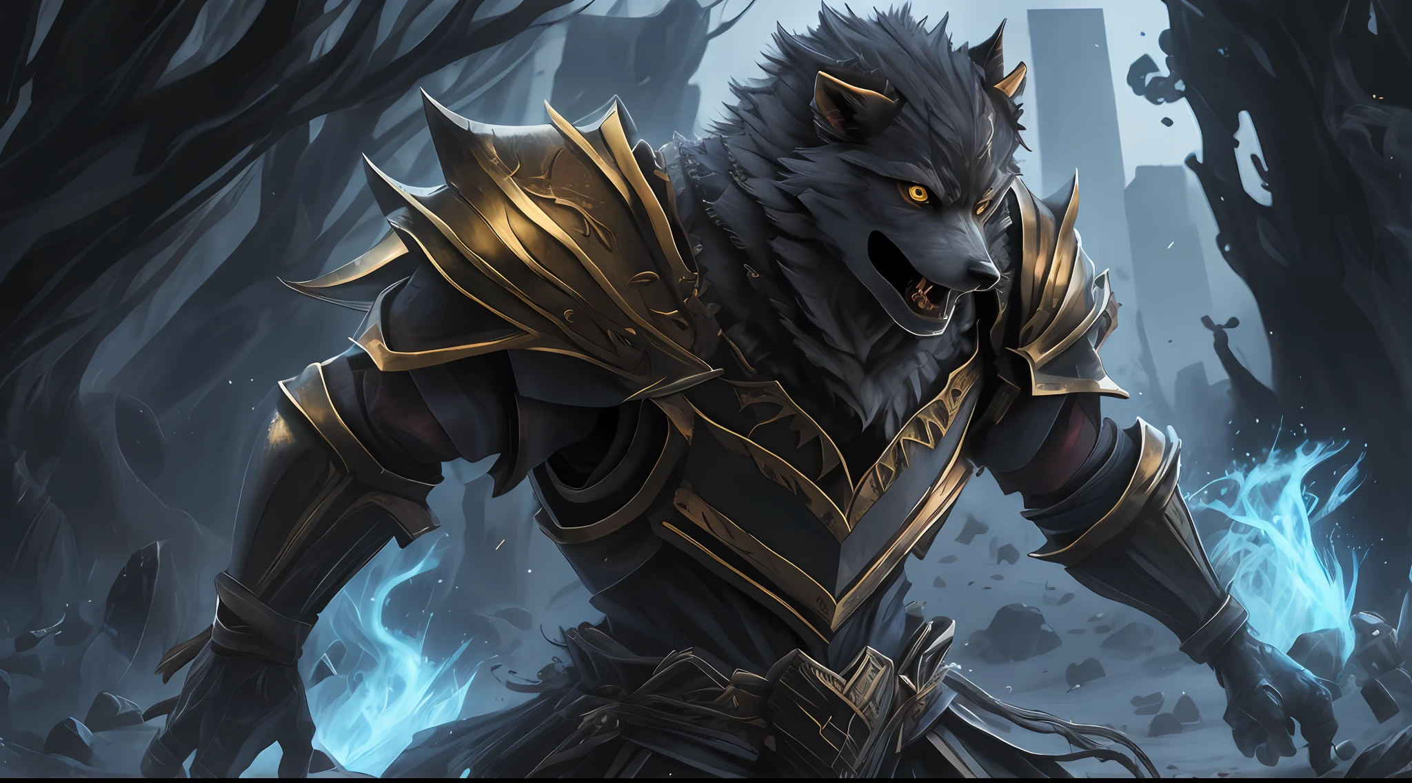 (1 Male werewolves),(werecreature),warriors,A high resolution, Sharp focus, Pixiv masterpiece, ((Complicated details)), highly detailed, natsuki_subaru, 1 male werewolf,full bodyesbian, gold eyes(eyes glowing), whaite hair,Wolf ears,Flexon,werewolf warrior,Armour,cloaks,Shoulder armor,perspire,look from down