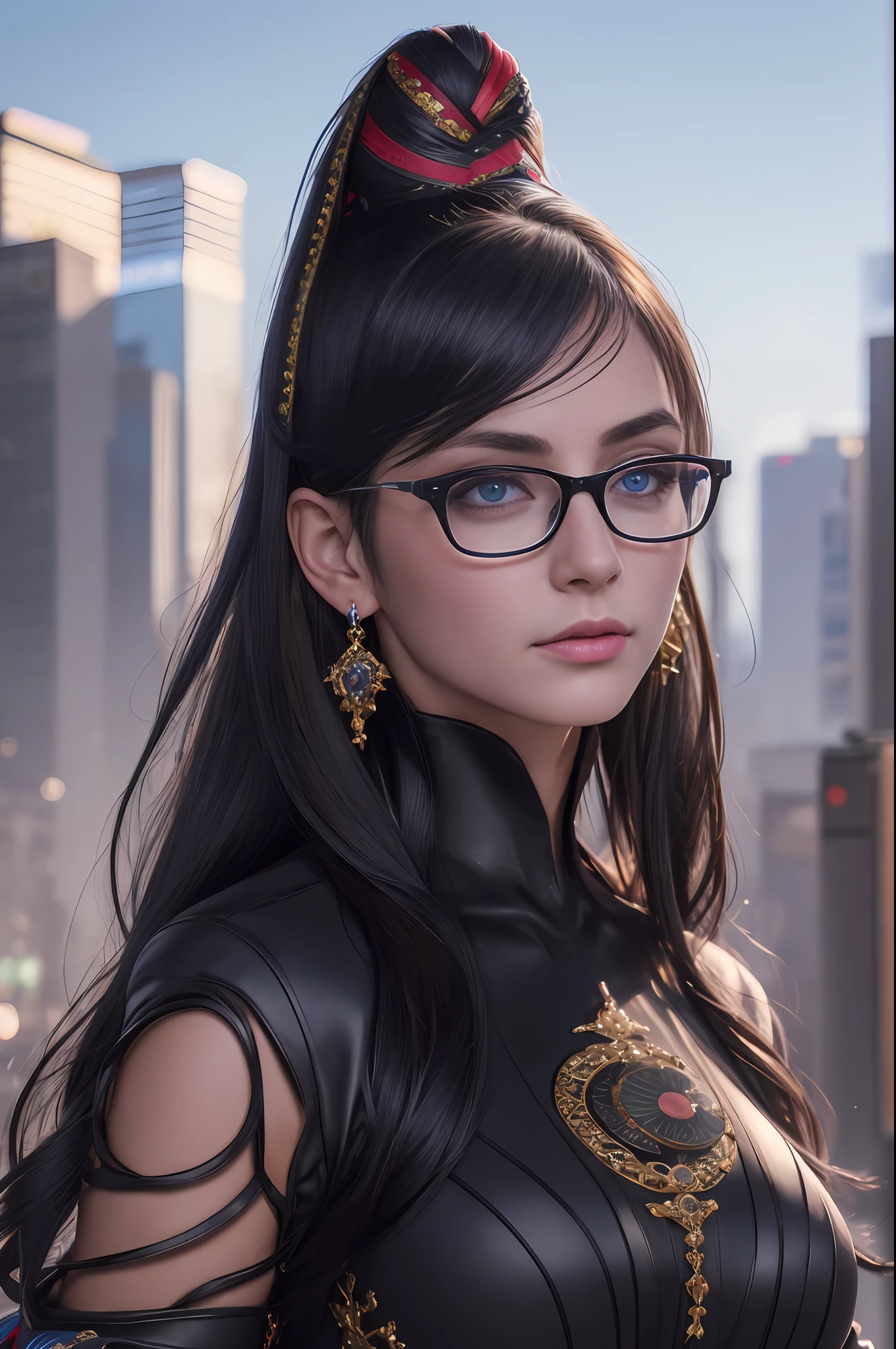 cereza, 1girl, solo, glasses, earrings, mole, blue eyes, gloves, ribbon, (bodysuit:1.2), (face focus:1.5), feathers, mole under mouth, future city background, (realistic:1.2), (realism), (masterpiece:1.2), (best quality), (ultra detailed), (8k), (intricate), (85mm), light particles, lighting, (highly detailed:1.2), (detailed face:1.2), (gradients), sfw, colorful, (detailed eyes:1.5), (detailed background), (rule of third_composition:1.3), (Line of action:1.2), beautiful face, highly detailed face, highly detailed skin, skin pores, subsurface scattering, (realistic), full face blush, full lips, detailed background, depth of field, volumetric lighting, sharp focus, absurdres, realistic proportions, good anatomy, (realistic, hyperrealistic:1.4), 16k hdr,