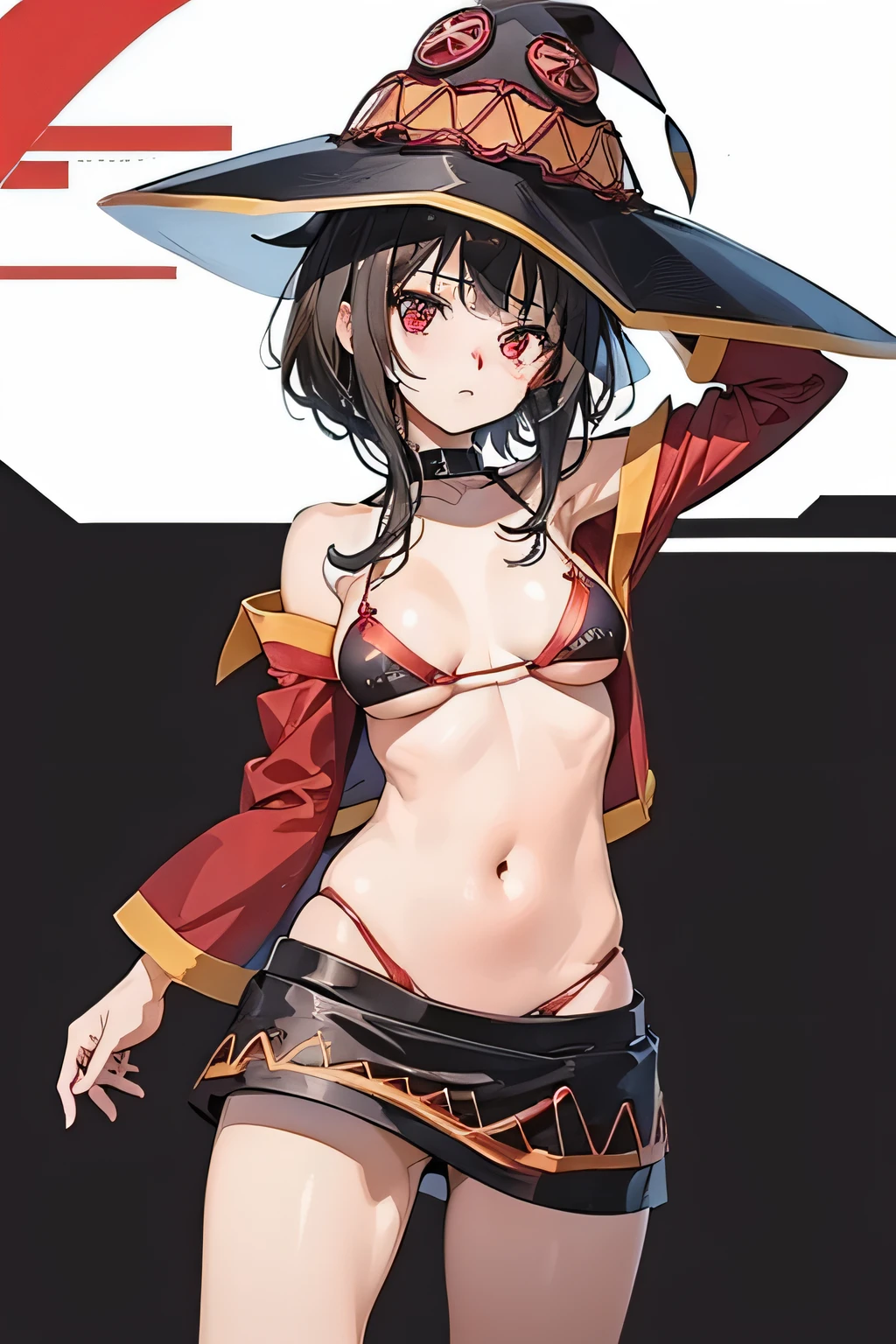 (melhor qualidade:1.2) Megumin in black and red bikini, em um ambiente praiano ensolarado com brilho dourado intenso