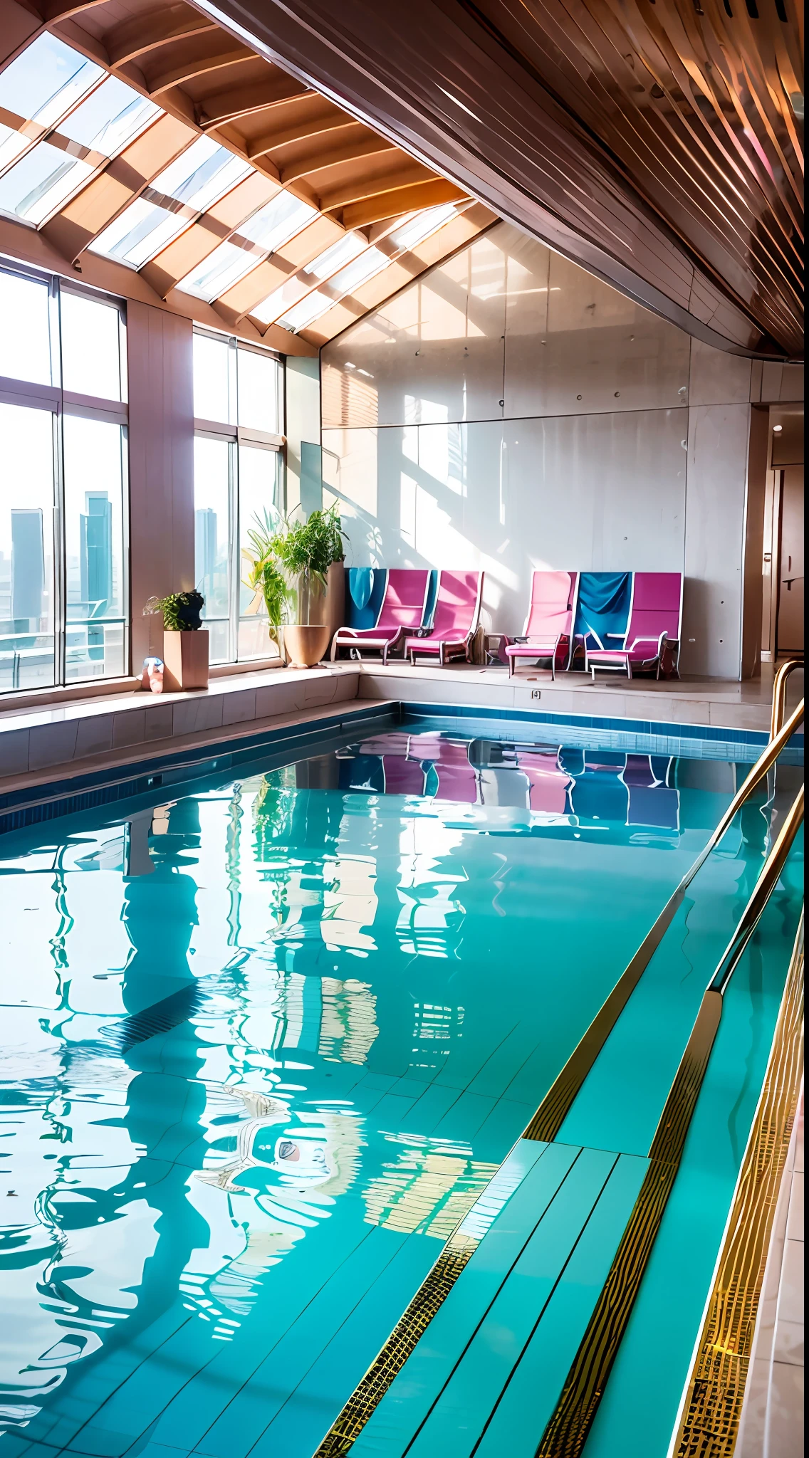 Indoor swimming pool on the 180th floor of the gate of Shanghai Tower,There were five little girls wearing openwork translucent stockings,Pouting and smiling,is shy,Pout,Pink, gold, White, Blue, Five colors, Two-tailed hair and cyan eyes,Anime little girl in servant costume