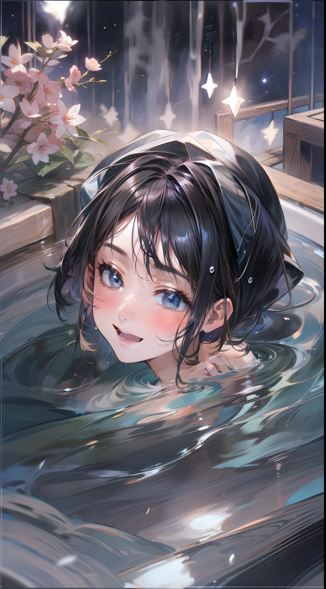 The subject is a young woman drawn in 8K resolution。Her hair is short-cut black、Put on a shampoo hat、Gives a feeling of cleanliness after bathing.。She was half immersed in white water.、Looking up at the starry sky with a relaxed expression。
She's in、The tree々It is an open-air bath surrounded by。With the silence of the night、Distant stars々Shines。On the edge of the bathtub、You can see the flowers of hot water floating with the steam、It makes you feel the high quality of the hot springs in which she soaks。
The overall color tone is、Night silence and steam、And her relaxed look is harmonious。8K resolution、Details of her facial expressions、Rise of hot spring flowers、And the glow of the starry sky is depicted in detail。
Her posture and facial expression are calm and calm.、It gives the whole piece a relaxed atmosphere。Alone time in the open-air bath、It brings tranquility and relaxation throughout work。