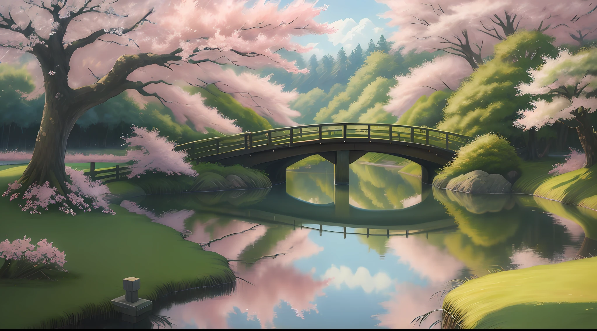 Realistic and realistic oil painting，On the edge of the peaceful lake，small bridges，Cherry blossoms on the shore，Inspired by Ghibli Miyazaki's dream garden。