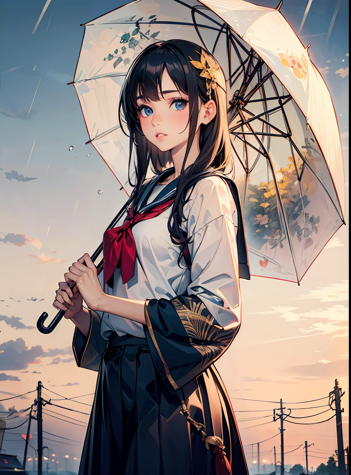 A beautiful girl with an oil-paper umbrella, 
Japanese clothes, Wafuku, Realistic, Highly detailed, Golden ratio, rained, smooth, full bodyesbian, long  white hair, perfectly shaped, Waiting for love, Nature background, Vivid, high quality model, Sharp focus, Masterpiece