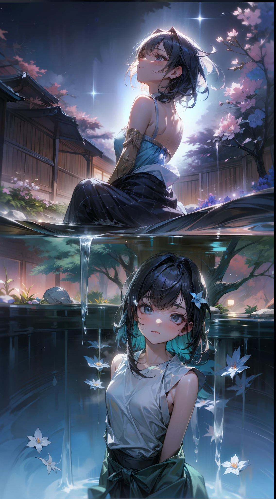 The subject is a young woman drawn in 8K resolution。Her hair is short-cut black、Put on a shampoo hat、Gives a feeling of cleanliness after bathing.。She was half immersed in white water.、Looking up at the starry sky with a relaxed expression。
She's in、The tree々It is an open-air bath surrounded by。With the silence of the night、Distant stars々Shines。On the edge of the bathtub、You can see the flowers of hot water floating with the steam、It makes you feel the high quality of the hot springs in which she soaks。
The overall color tone is、Night silence and steam、And her relaxed look is harmonious。8K resolution、Details of her facial expressions、Rise of hot spring flowers、And the glow of the starry sky is depicted in detail。
Her posture and facial expression are calm and calm.、It gives the whole piece a relaxed atmosphere。Alone time in the open-air bath、It brings tranquility and relaxation throughout work。