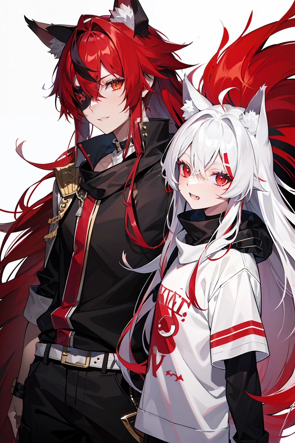 Kizi，Wolf ears，eye patch over left eye，long whitr hair，red tinted hair