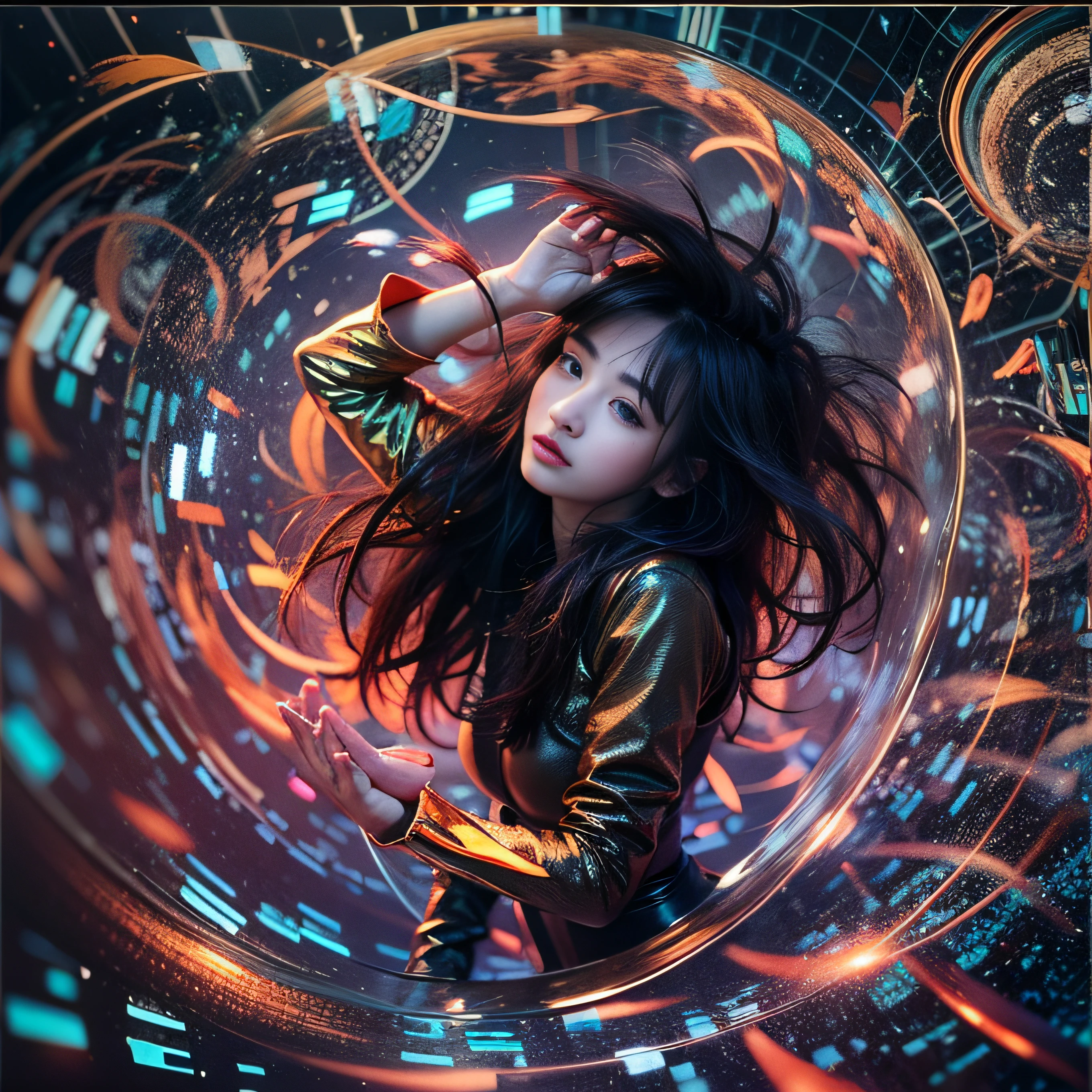 8K, RAW Photos, top-quality, ​masterpiece: 1.2),fish-eye lens、(((Wide View)))、fish-eye lens、Reach out and jump pose、Hair disheveled in the wind、fully body photo、Red or orange neon、Cyberpunk movies、Raw photo of beautiful Korean 20 year old woman、Half Face、deep in the night、darkened room、hightquality、More skin、Lustrous skin、clearface、cinema shot、nffsw、foco nítido